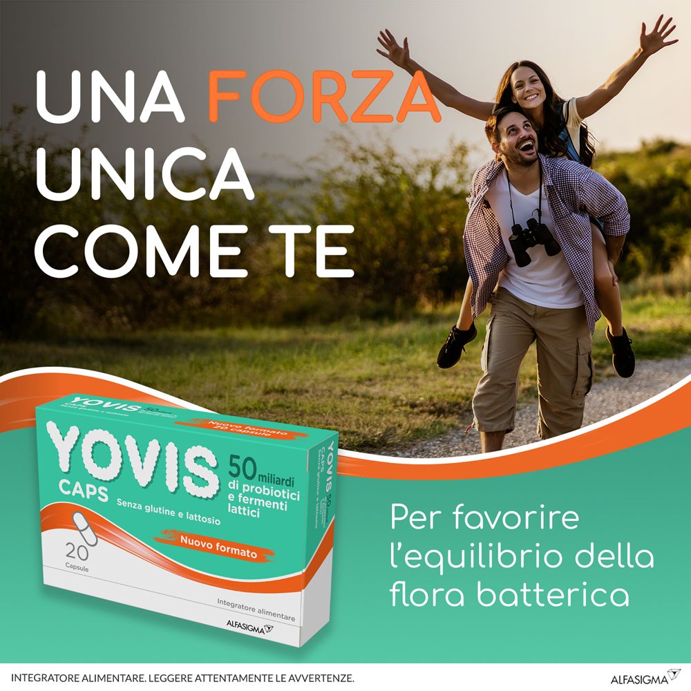 Publicité avec boîte "Yovis Caps". Couple en extérieur. Texte : "Una forza unica come te".