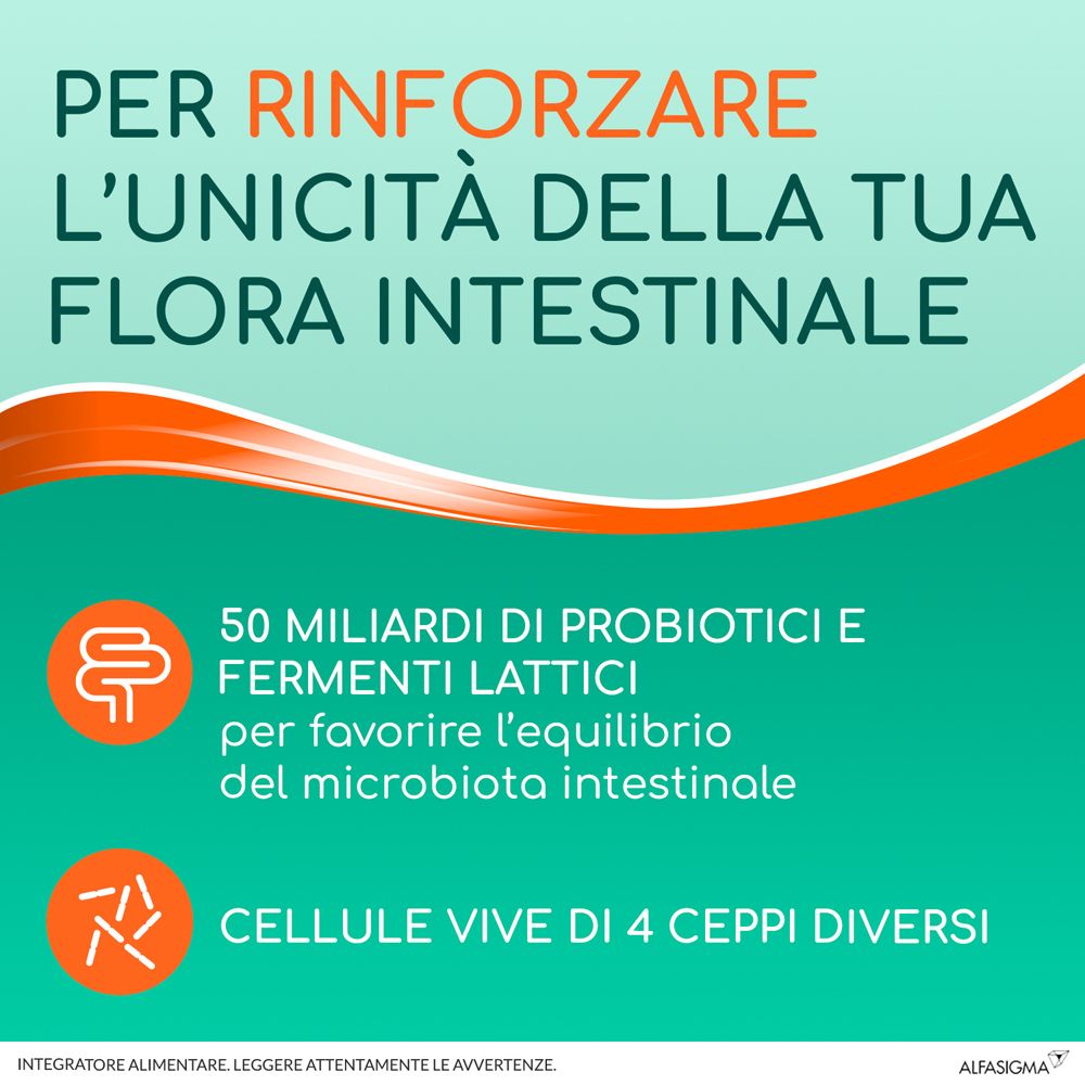 Graphique textuel. Texte : "Per rinforzare l'unicità della tua flora intestinale". 50 milliards probiotiques.