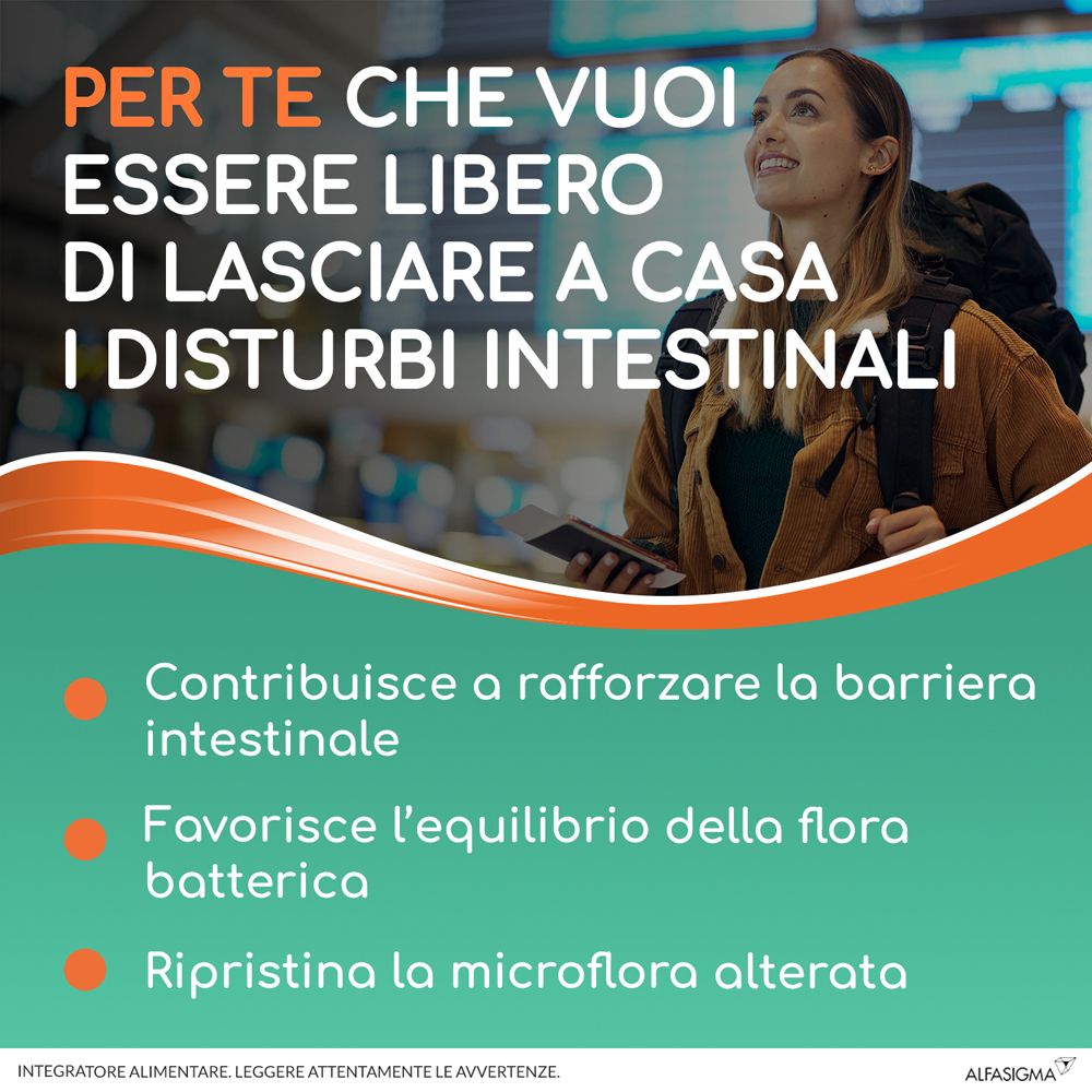 Graphique textuel. Texte : "Per te che vuoi essere libero di lasciare a casa i disturbi intestinali".