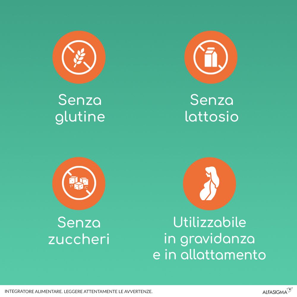 Graphique avec symboles. Texte : "Senza glutine", "Senza lattosio", "Senza zuccheri", "Utilizzabile in gravidanza".
