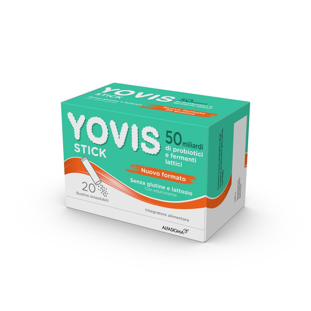 Yovis Stick-Packung. Grün-weiß, mit Produktname und 20 Beuteln. Enthält 50 Milliarden Probiotika und Milchfermente.