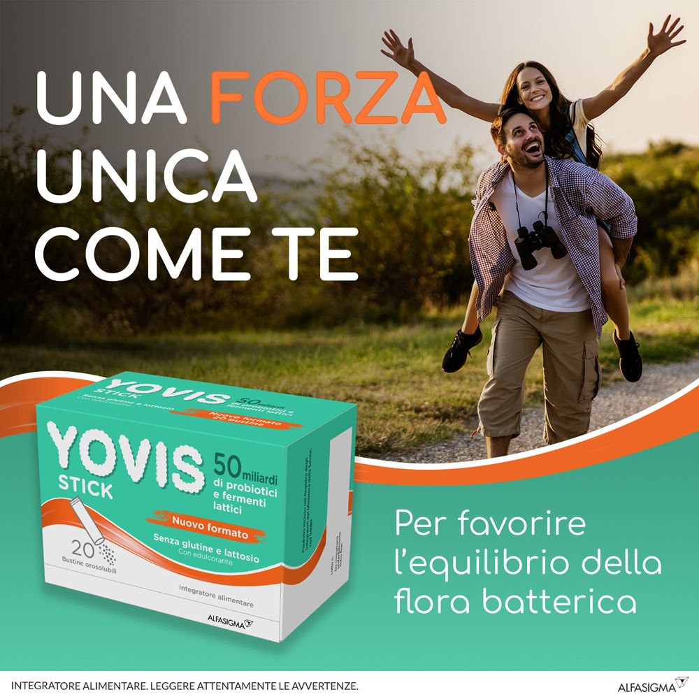 Werbung mit Yovis Stick-Packung. Mann trägt Frau auf dem Rücken. Text: Una forza unica come te. Für das Gleichgewicht der Darmflora.
