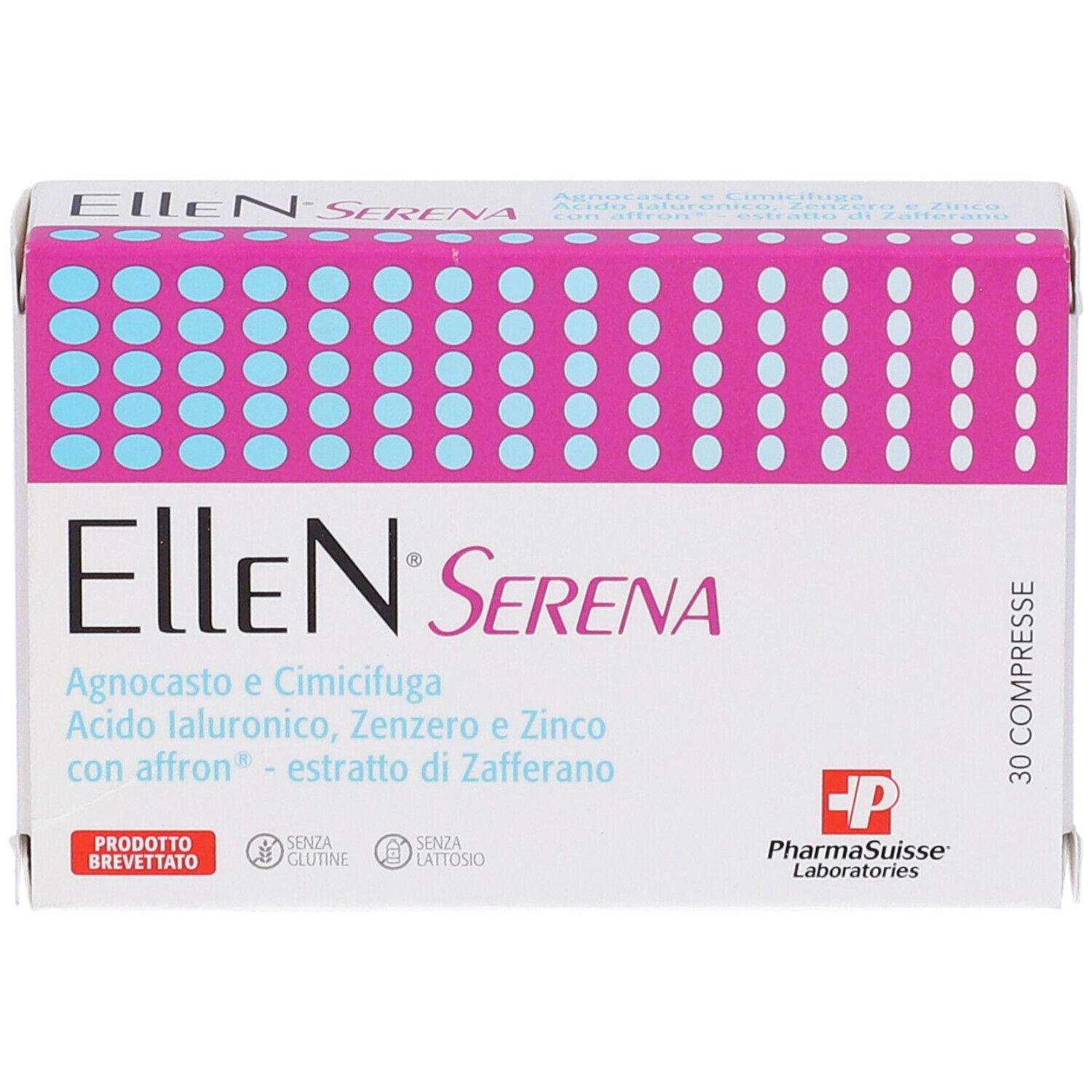 Boîte Ellen Serena 30 comprimés. Blanc, rose et bleu. Texte: Ellen Serena, ingrédients, 30 compresse, PharmaSuisse Laboratories.