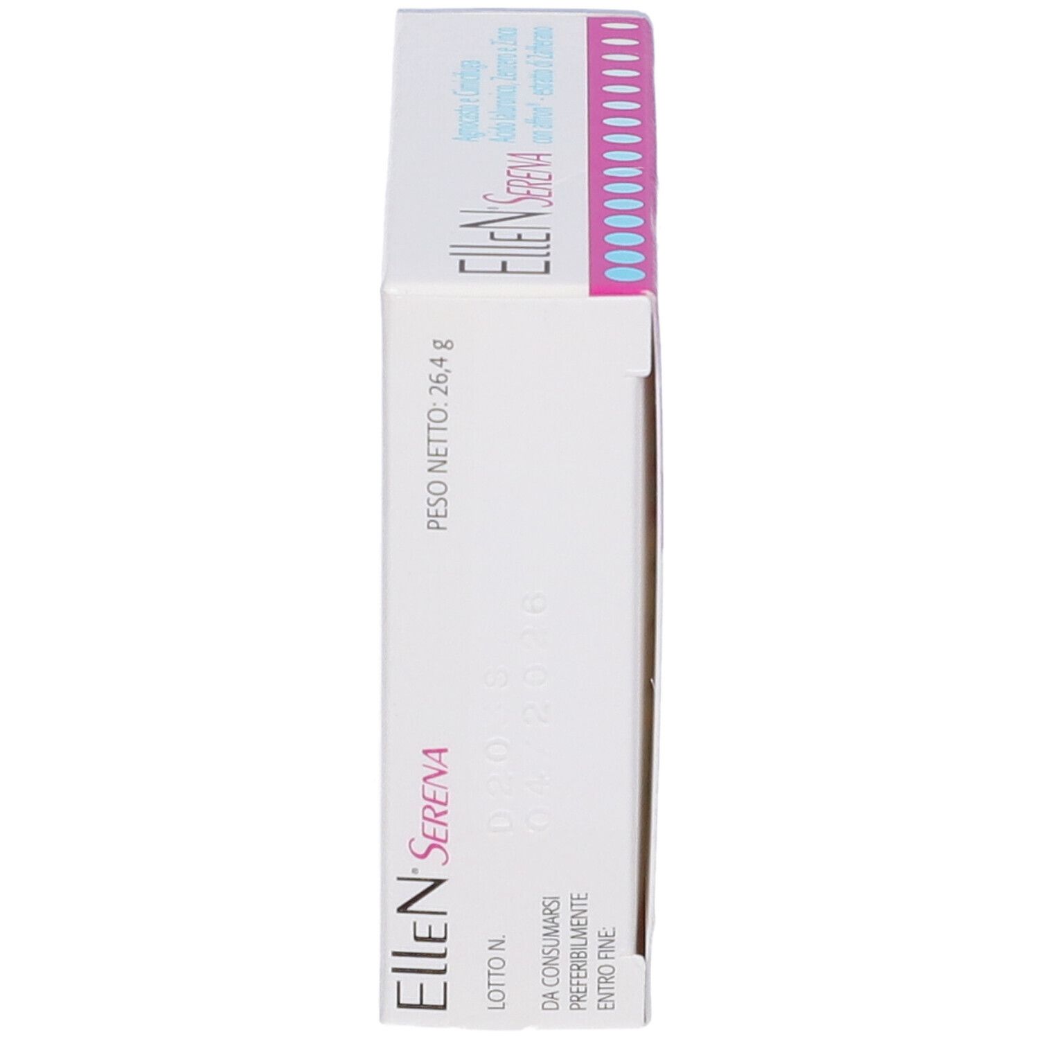 Vue latérale de la boîte Ellen Serena. Blanc avec texte: Ellen Serena, poids net 26,4 g, numéro de lot, date de péremption.