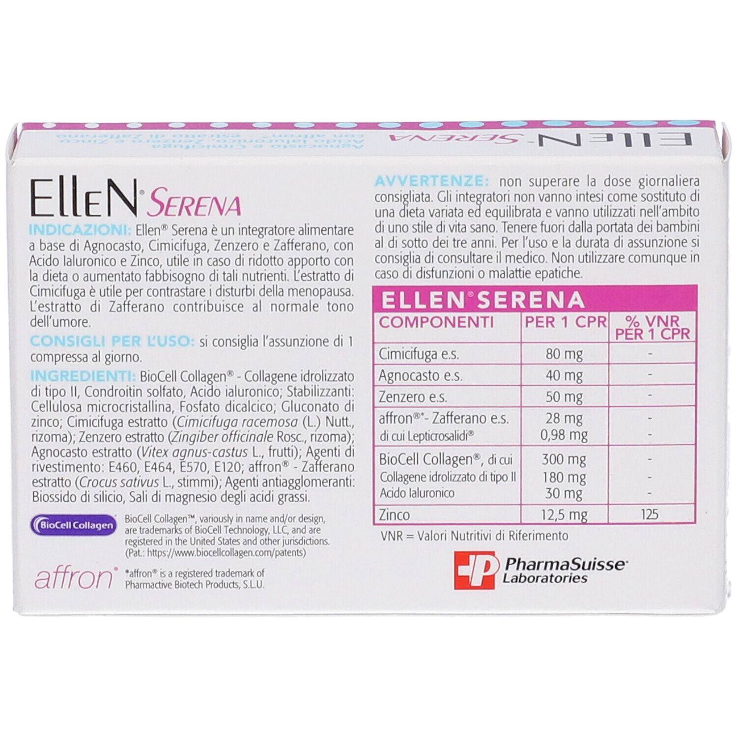 Dos de la boîte Ellen Serena. Texte: Ellen Serena, ingrédients, dosage, avertissements, PharmaSuisse Laboratories.