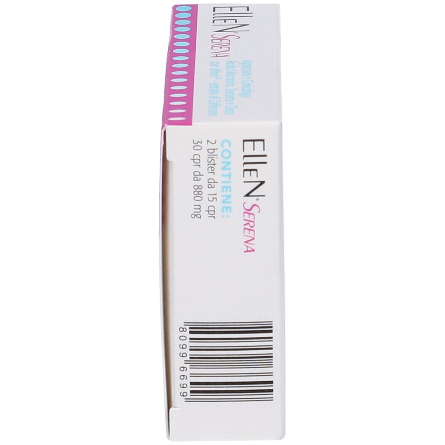 Vue latérale de la boîte Ellen Serena. Texte: Ellen Serena, contenu: 2 blisters de 15 comprimés, code-barres.