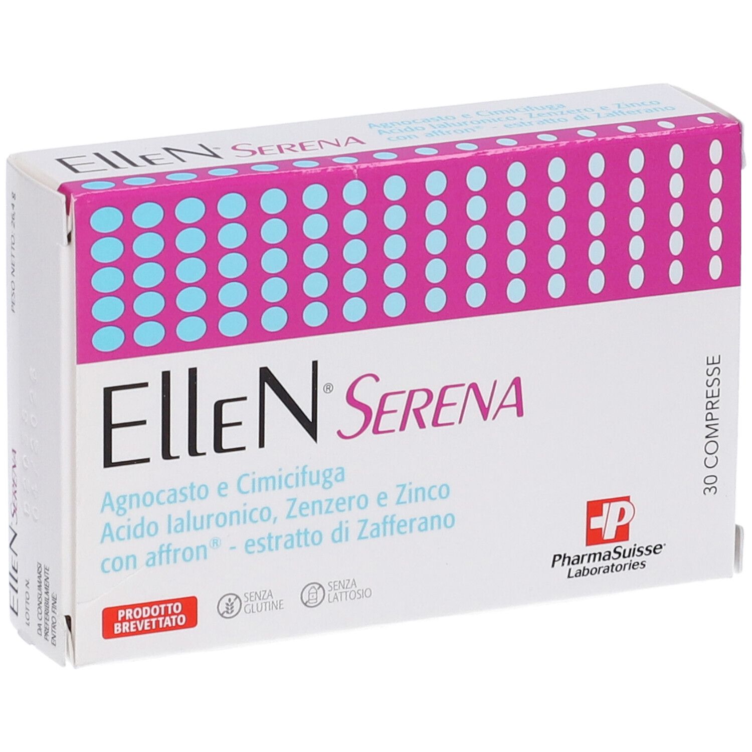 Boîte Ellen Serena. Blanc, rose et bleu. Texte: Ellen Serena, ingrédients, 30 compresse, PharmaSuisse Laboratories.