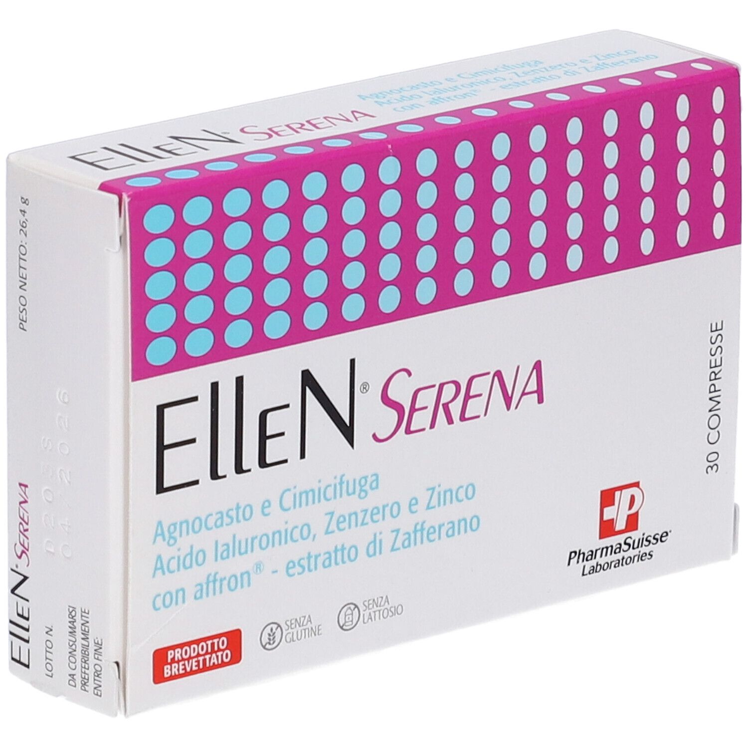 Boîte Ellen Serena. Blanc, rose et bleu. Texte: Ellen Serena, ingrédients, 30 compresse, PharmaSuisse Laboratories.