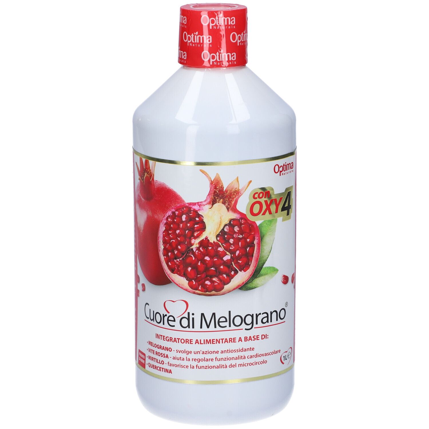 Weiße Flasche mit rotem Deckel. Etikett mit Granatapfel-Illustration und Text: Cuore di Melograno.
