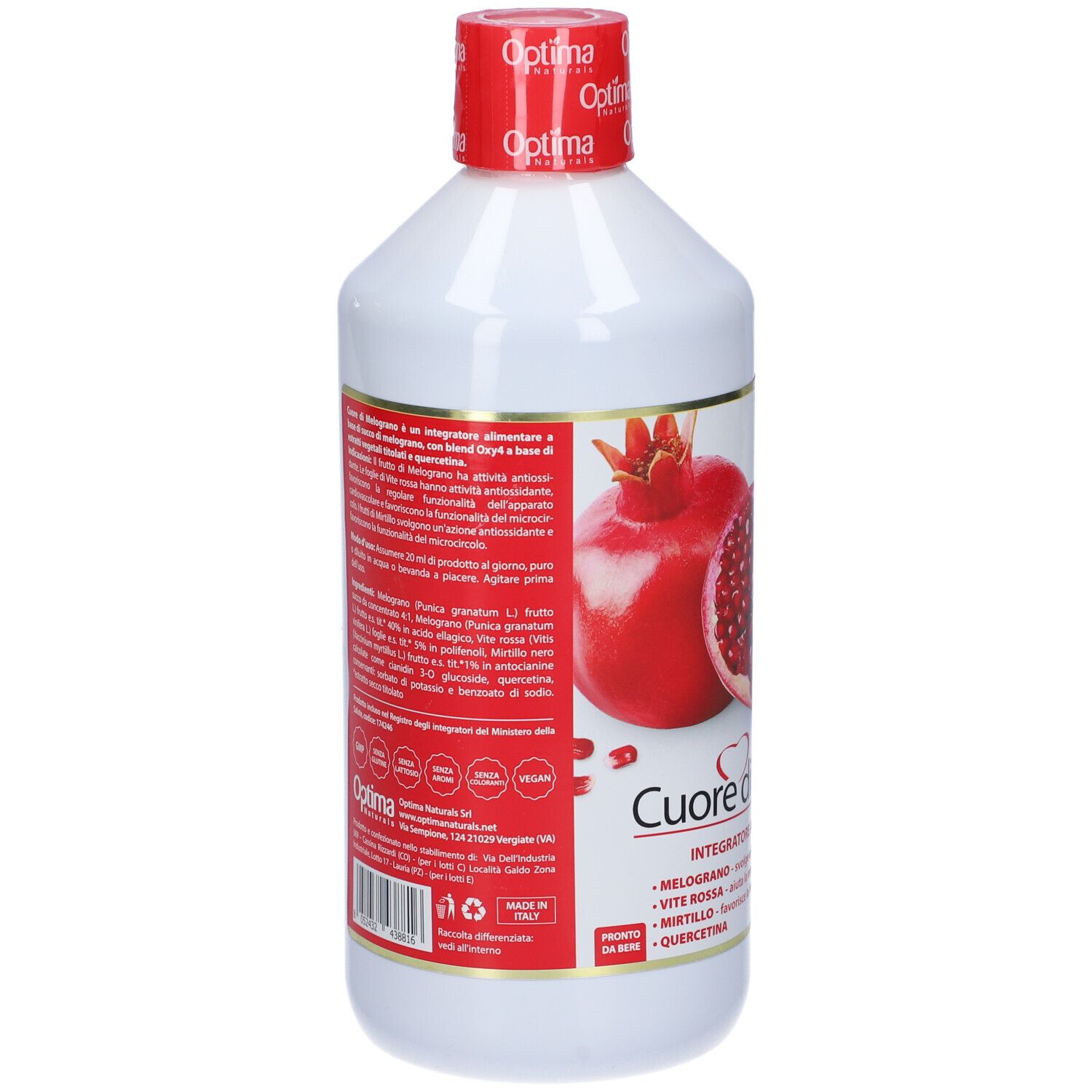 Weiße Flasche mit rotem Deckel. Rückseite mit Inhaltsangaben und Zertifizierungen. Text: Cuore di Melograno.