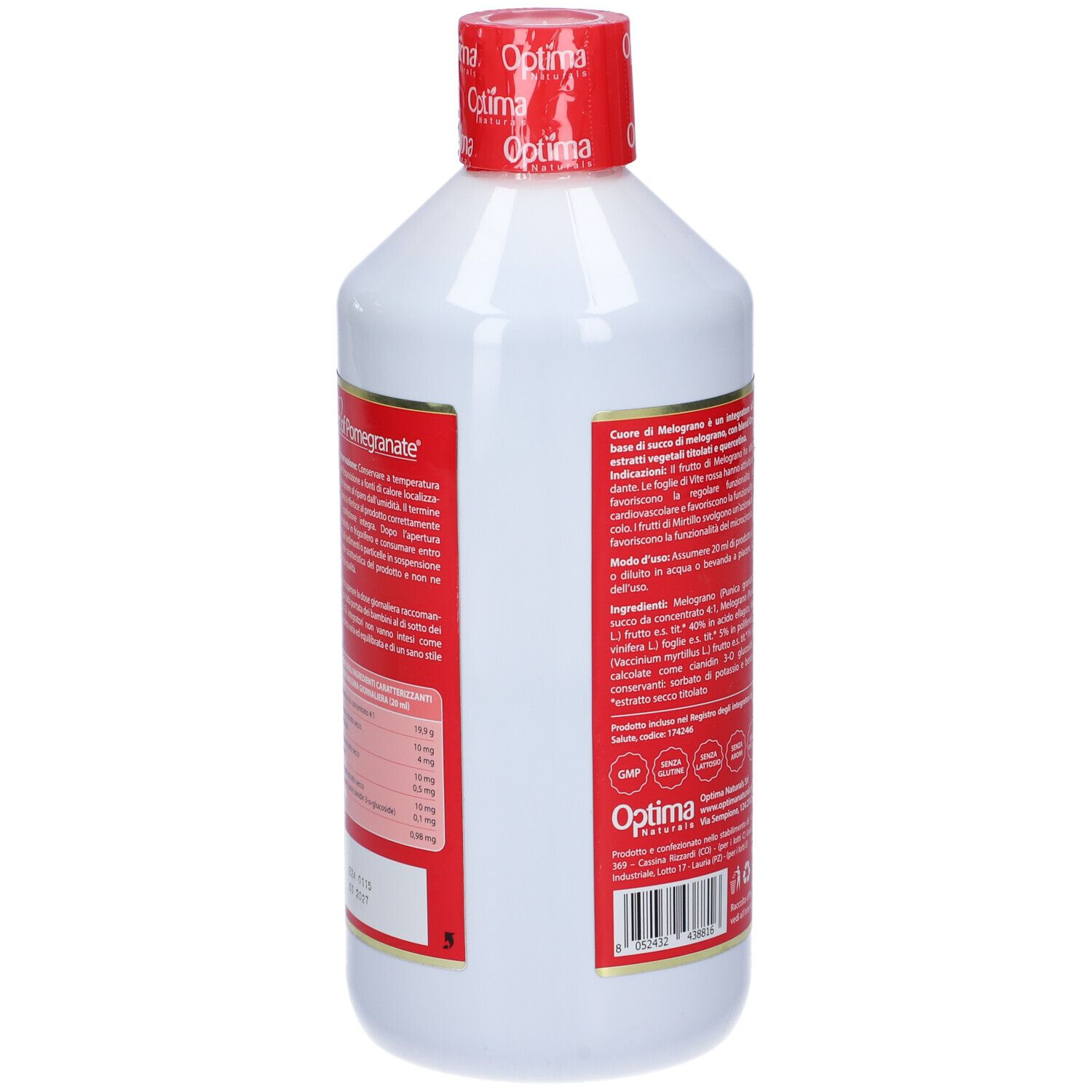 Weiße Flasche mit rotem Deckel. Rückseite mit Inhaltsangaben und Zertifizierungen. Text: Cuore di Melograno.