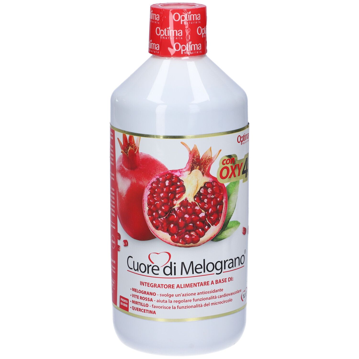 Weiße Flasche mit rotem Deckel. Etikett mit Granatapfel-Illustration und Text: Cuore di Melograno.