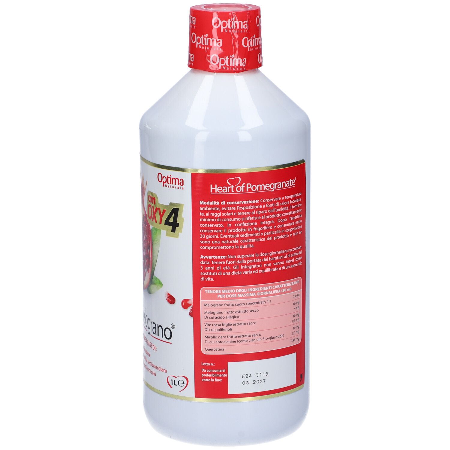 Weiße Flasche mit rotem Deckel. Rückseite mit Inhaltsangaben und Text: Heart of Pomegranate. Enthält OXY4.