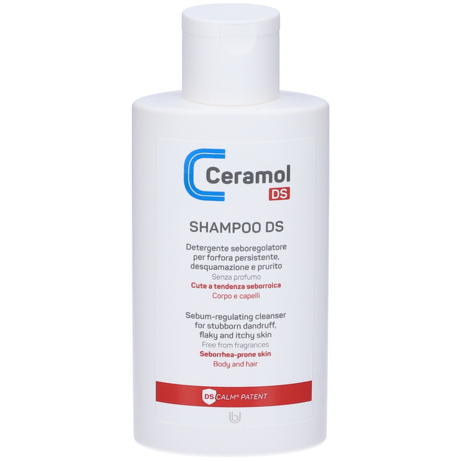 Flacon blanc avec étiquette bleu et rouge. Texte : Ceramol DS SHAMPOO DS. Pour cuir chevelu et cheveux. Bouchon à vis.