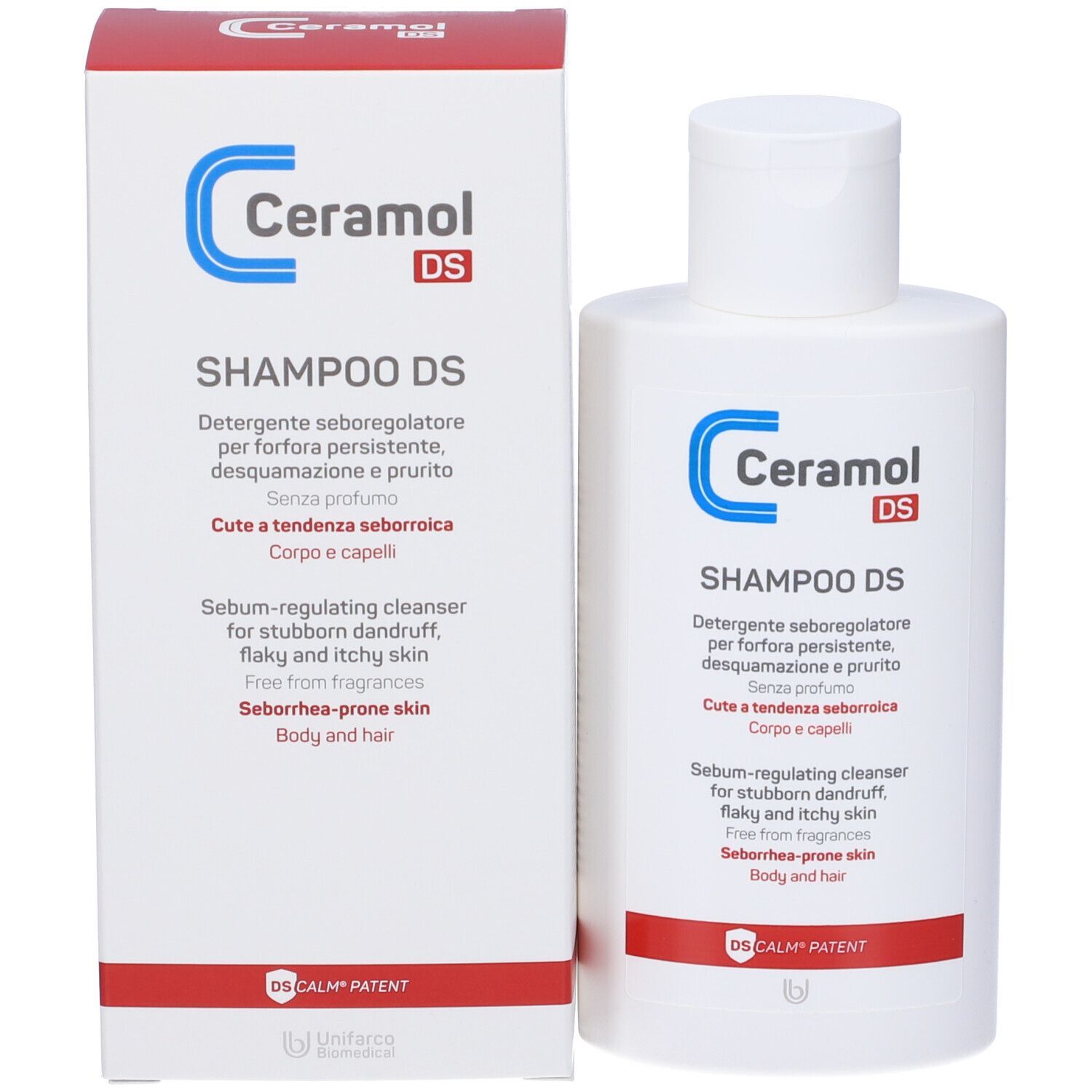 Emballage du produit avec flacon. Boîte et flacon avec étiquette bleu et rouge. Texte : Ceramol DS SHAMPOO DS.