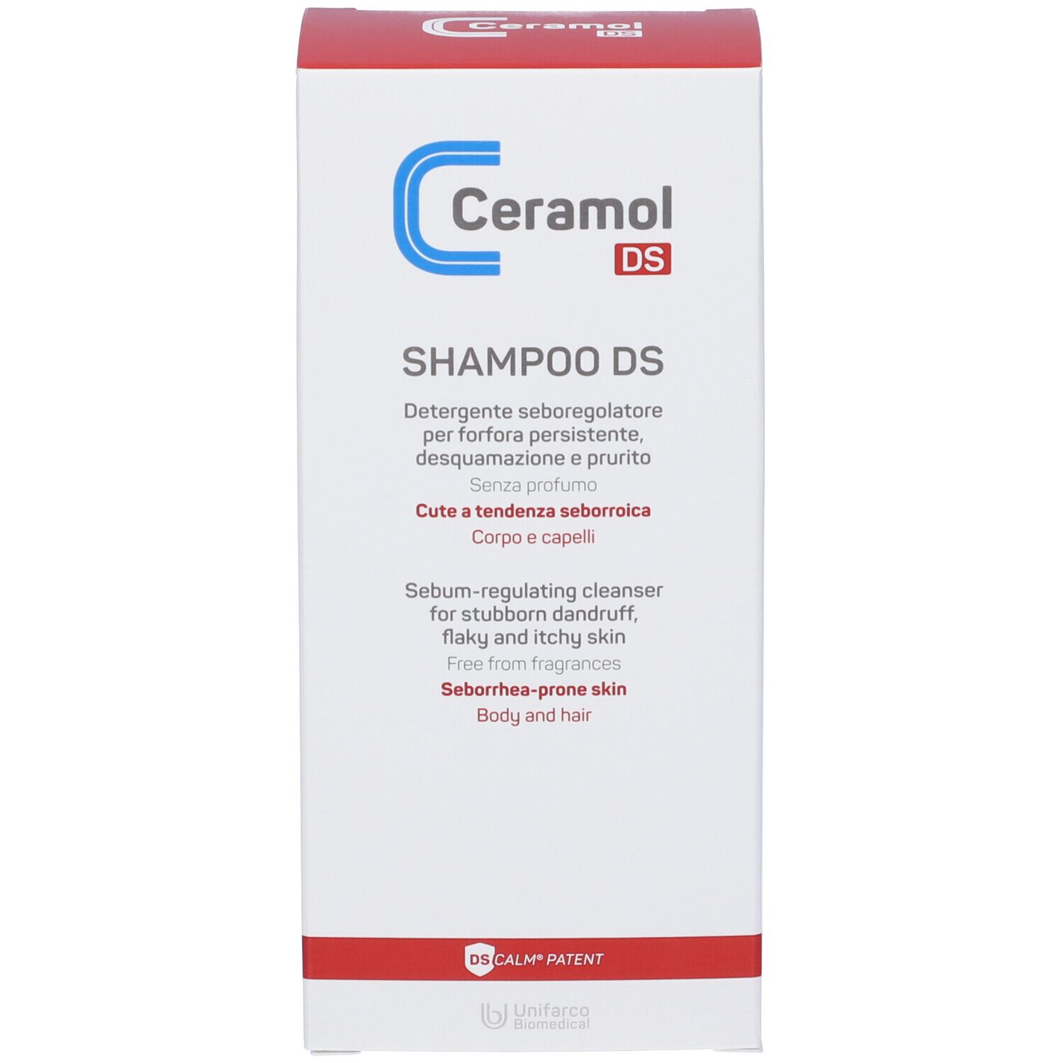 Emballage du produit. Boîte blanche avec étiquette bleu et rouge. Texte : Ceramol DS SHAMPOO DS. Pour cuir chevelu et cheveux.
