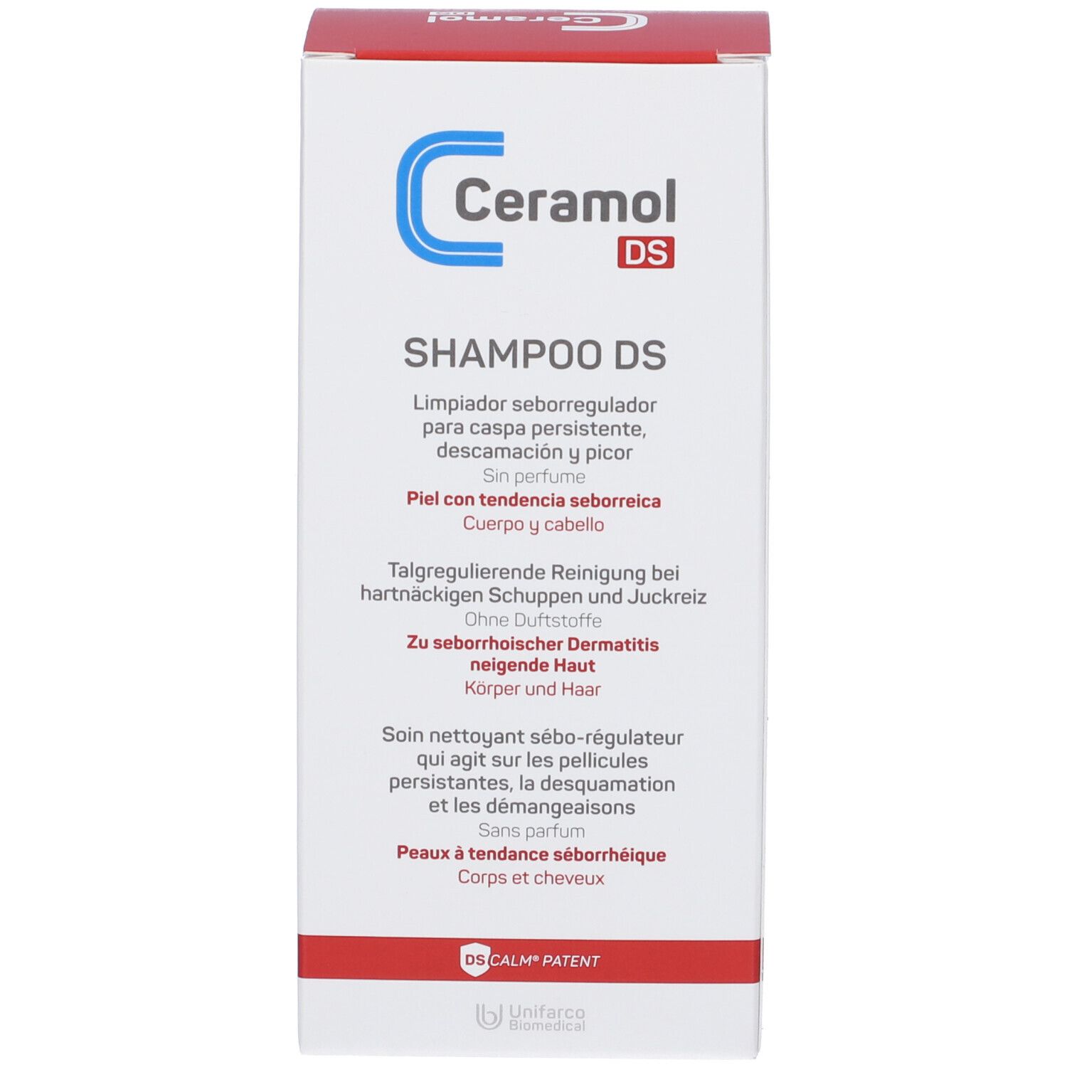 Emballage du produit. Boîte blanche avec étiquette bleu et rouge. Texte : Ceramol DS SHAMPOO DS. Pour cuir chevelu et cheveux.