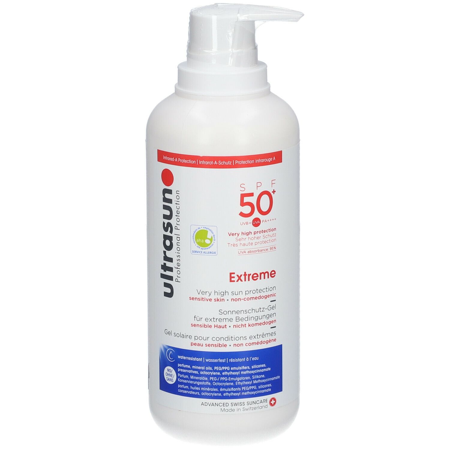 Flacon blanc avec pompe. Inscription : ultrasun Professional Protection, SPF 50+ Extreme. Gel pour conditions extrêmes.