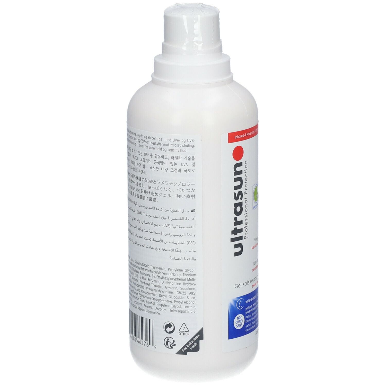 Dos d'un flacon blanc avec pompe. Texte multilingue. Marque : ultrasun Professional Protection. Gel solaire.