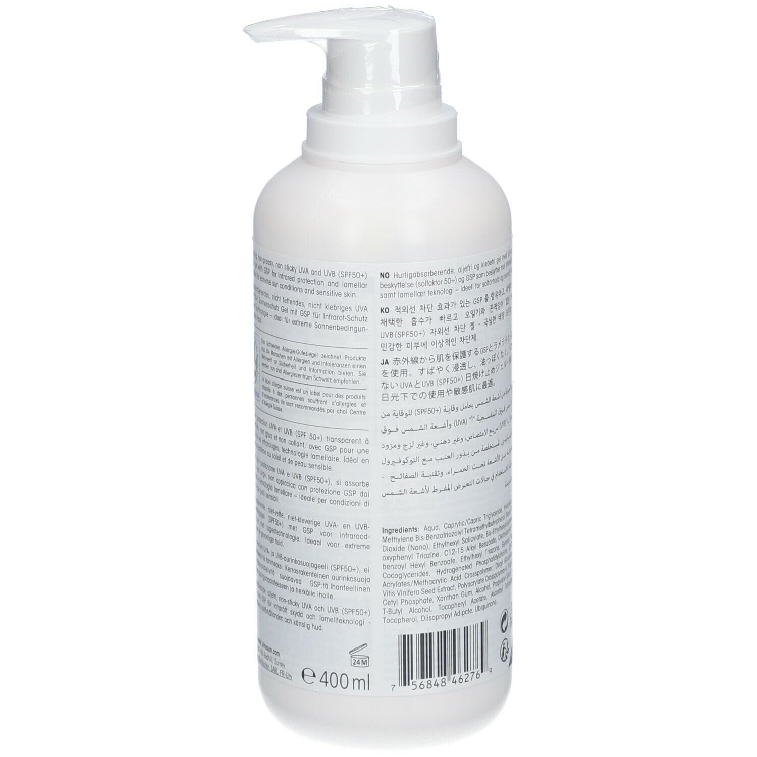 Dos d'un flacon blanc avec pompe. Texte multilingue. Volume : 400 ml. Marque : ultrasun.