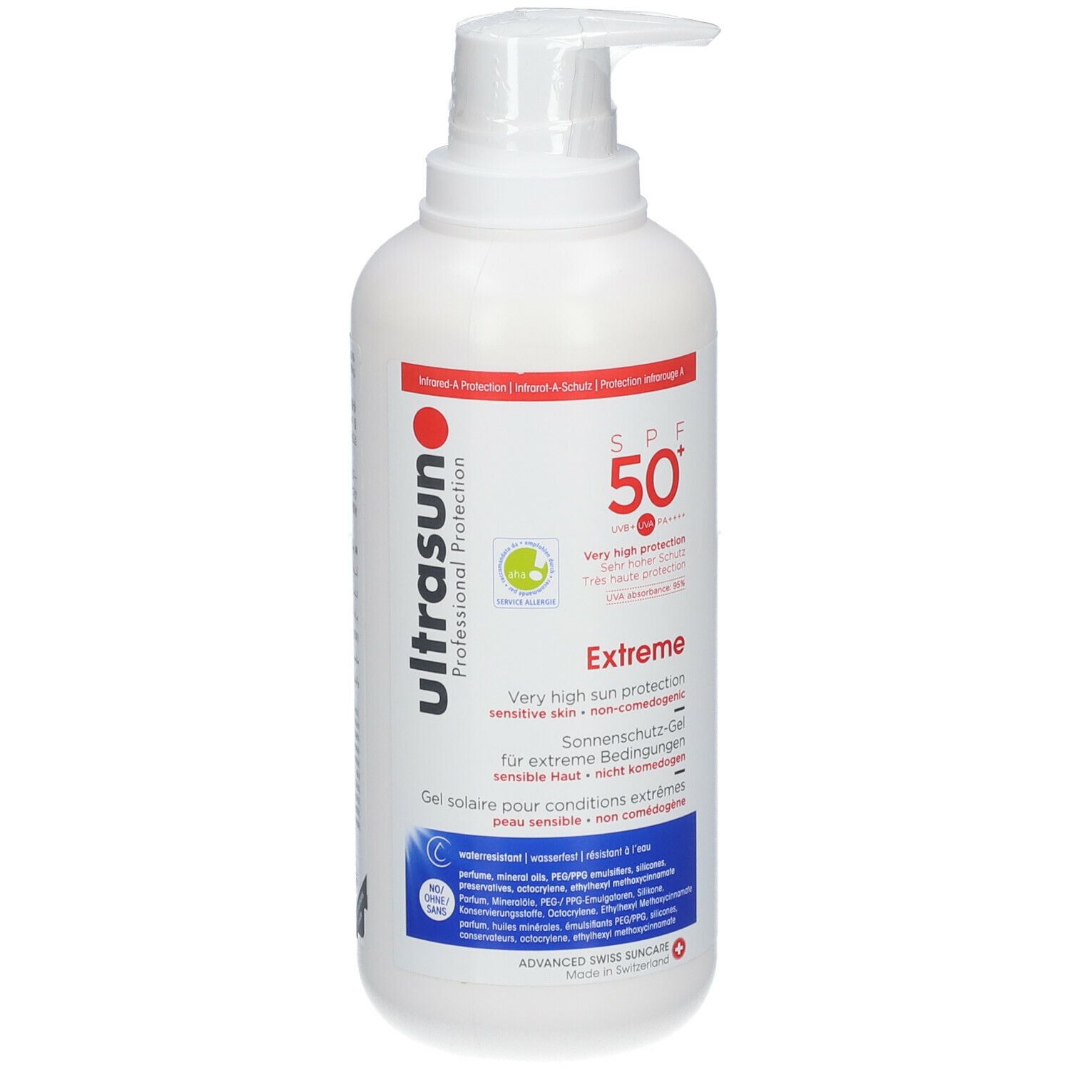 Flacon blanc avec pompe. Inscription : ultrasun Professional Protection, SPF 50+ Extreme. Gel pour conditions extrêmes.