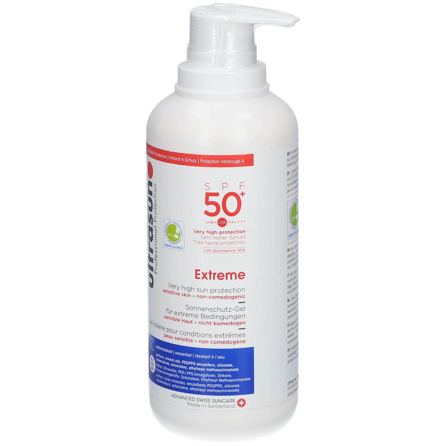 Flacon blanc avec pompe. Inscription : ultrasun Professional Protection, SPF 50+ Extreme. Gel pour conditions extrêmes.