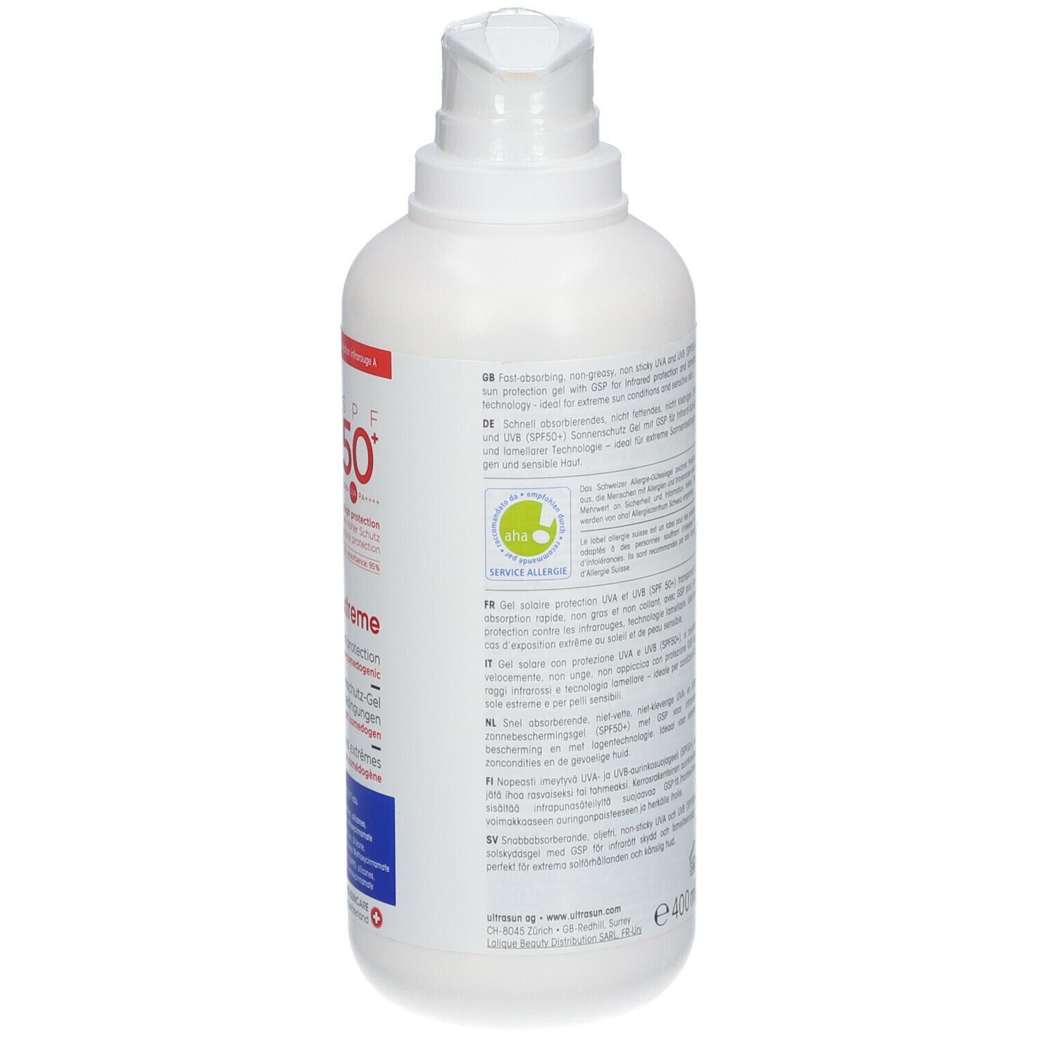 Dos d'un flacon blanc avec pompe. Texte multilingue. Volume : 400 ml. Marque : ultrasun.