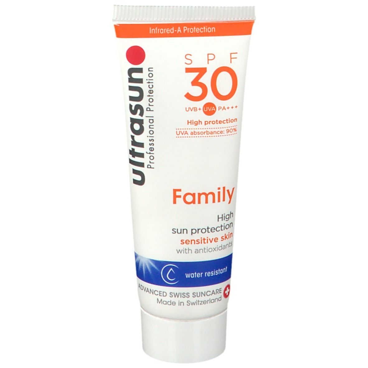 Tube blanche avec impression rouge et orange. Texte: ultrasun, SPF 30, Family. Résistant à l'eau. Fabriqué en Suisse.