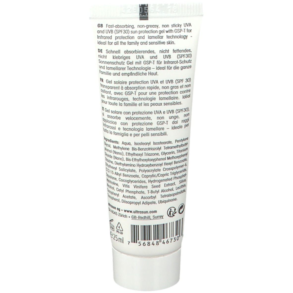 Dos du tube. Texte multilingue. Ingrédients et informations. Volume: 25 ml. Code-barres.