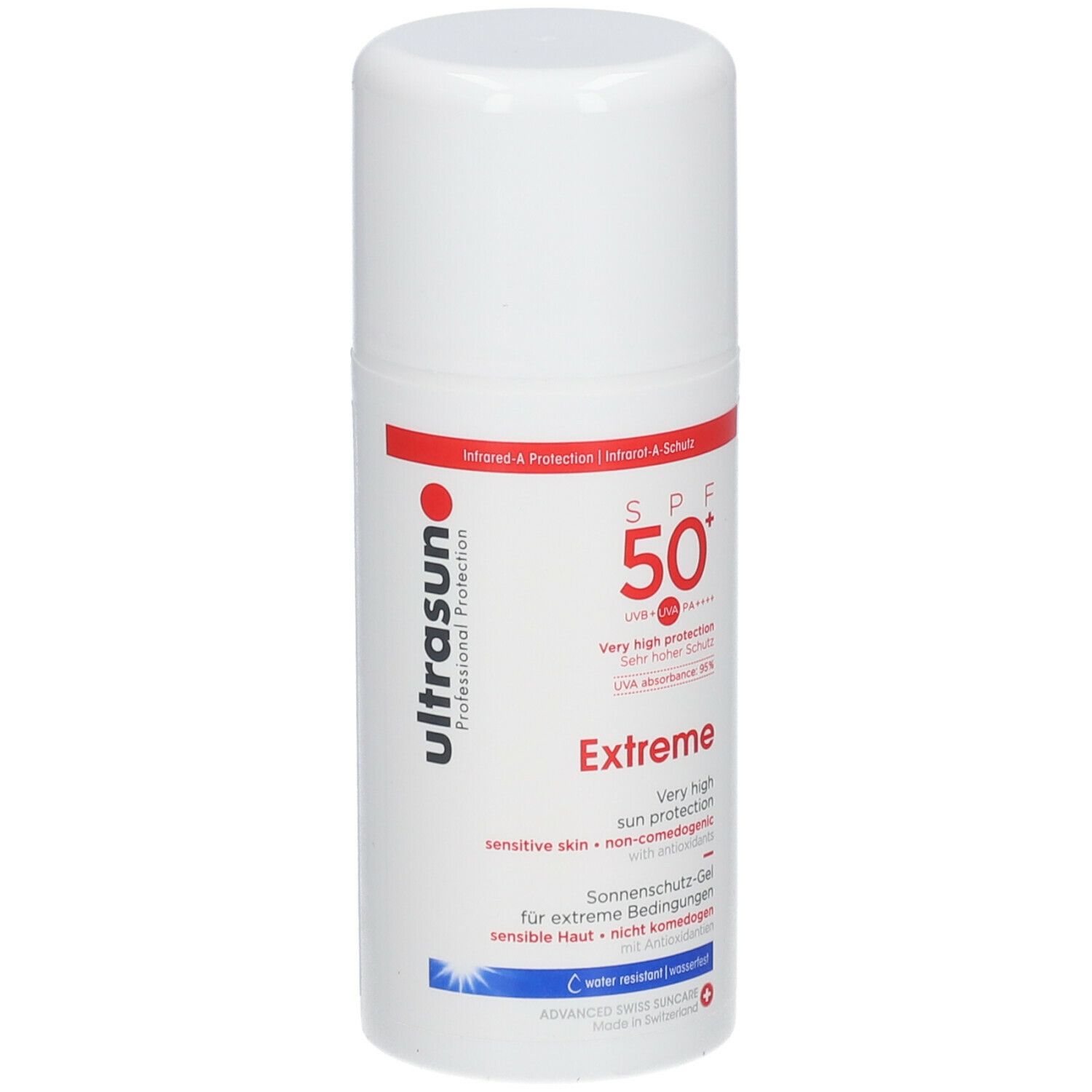 Flacon blanc avec texte rouge et noir. Inscription: ultrasun Extreme LSF 50+. Gel solaire pour peaux sensibles.
