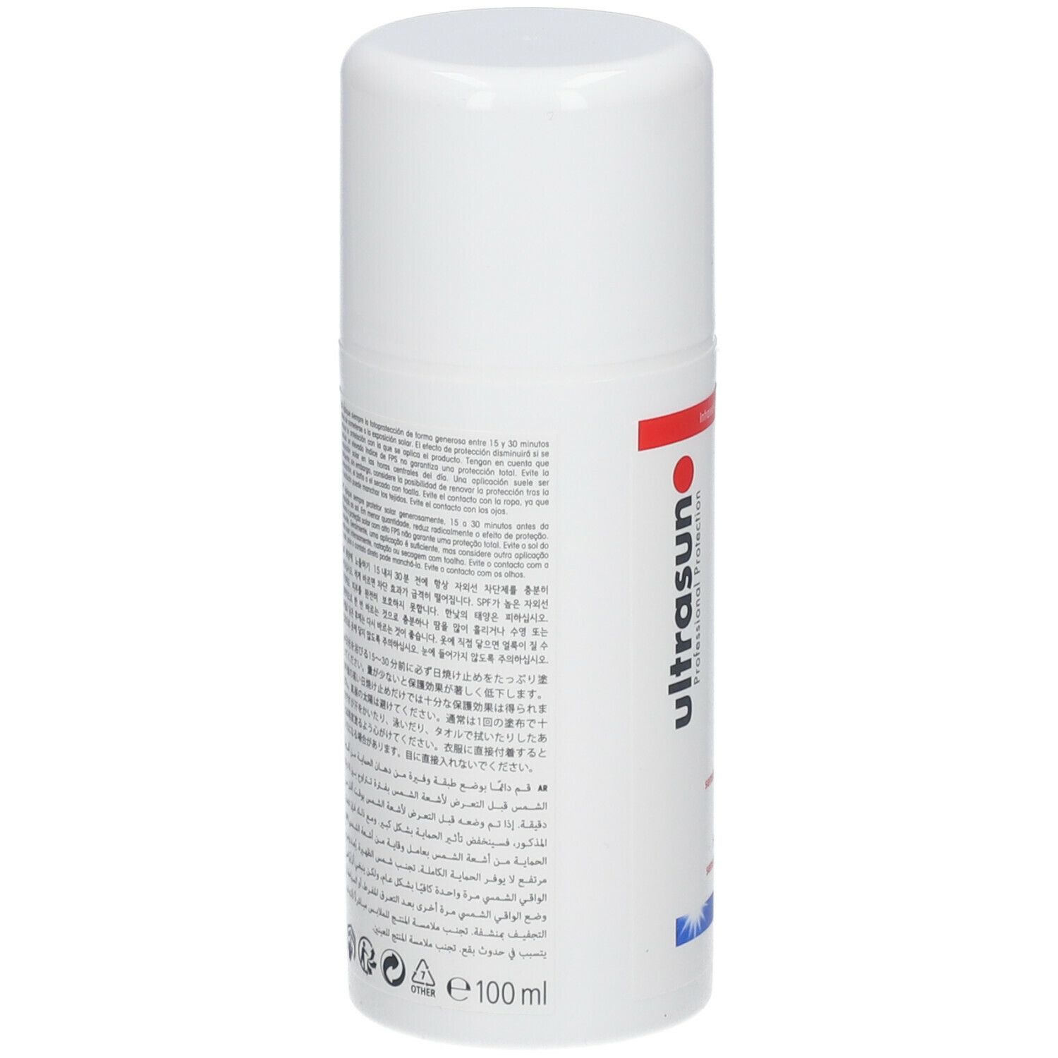 Flacon blanc avec texte multilingue. Inscription: ultrasun. Volume: 100 ml. Informations d'utilisation.