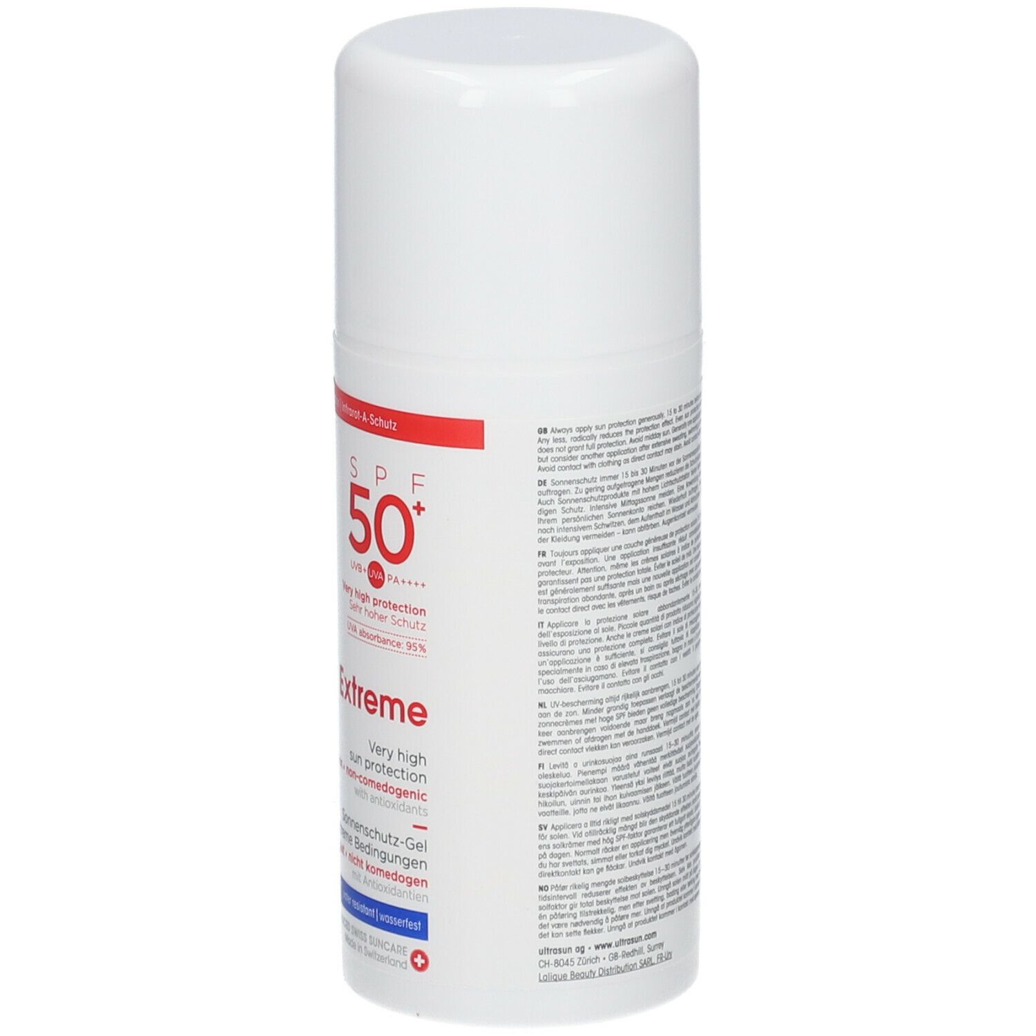 Flacon blanc avec texte rouge et noir. Inscription: ultrasun Extreme SPF 50+. Gel solaire pour peaux sensibles.