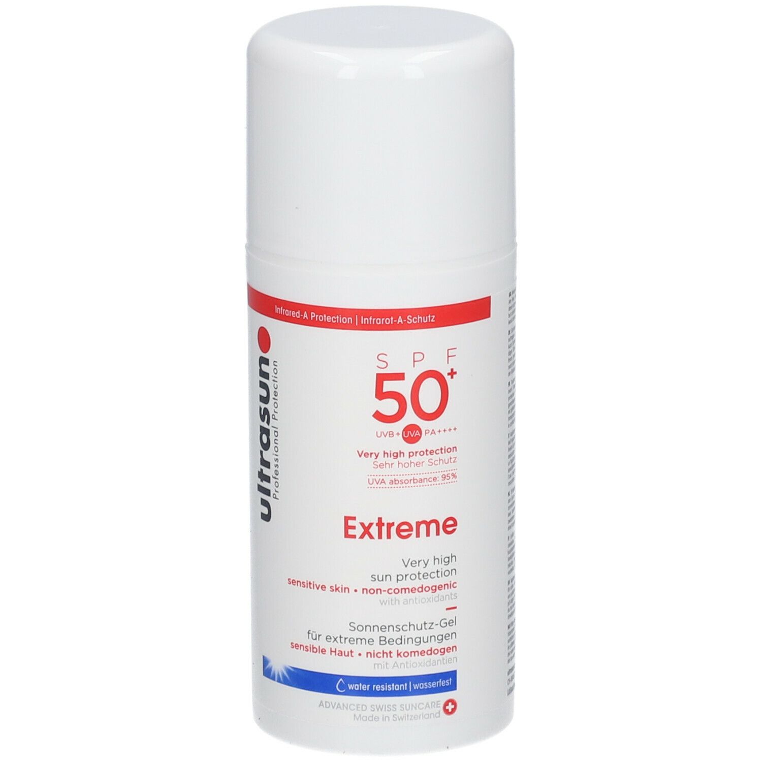 Flacon blanc avec texte rouge et noir. Inscription: ultrasun Extreme SPF 50+. Gel solaire pour peaux sensibles.