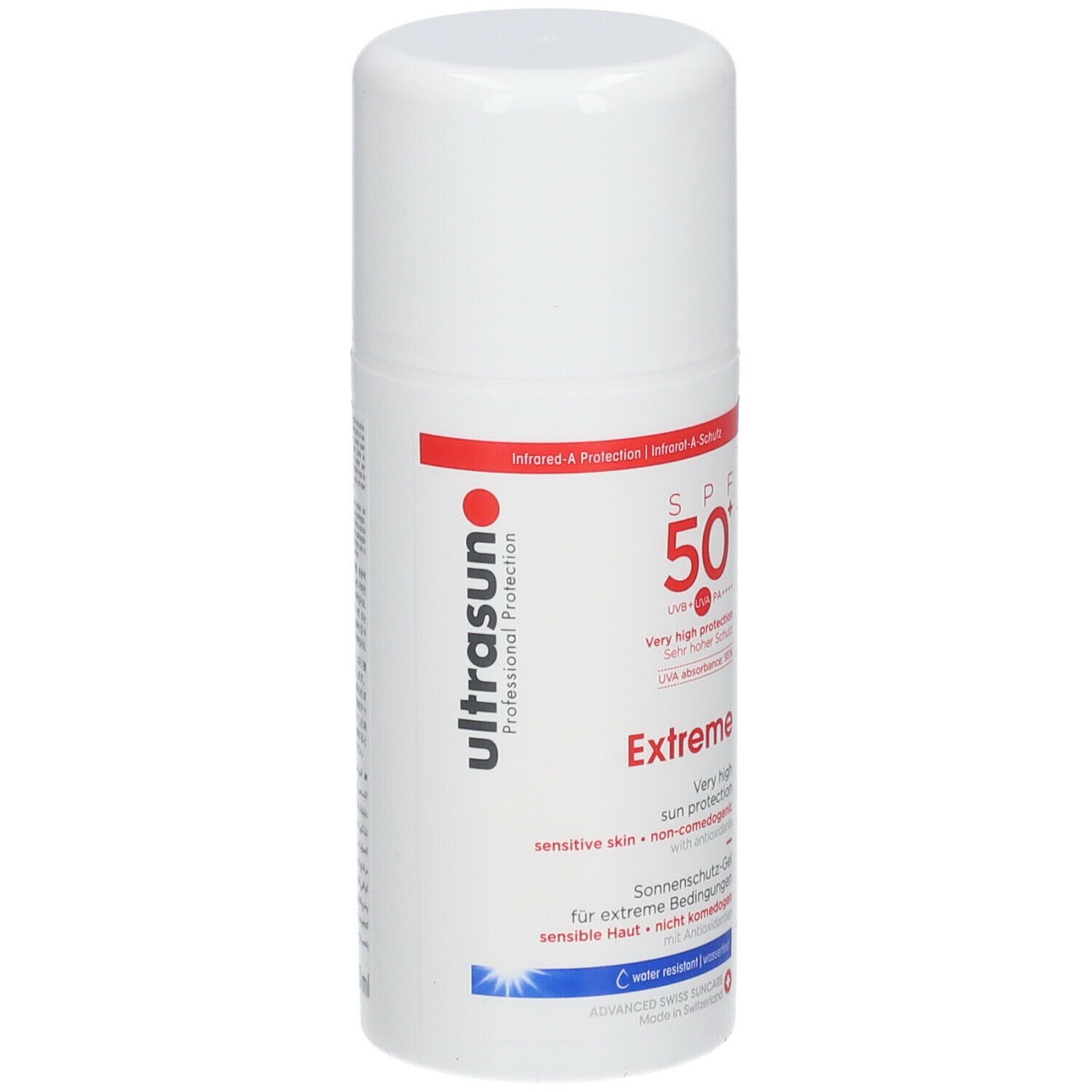 Flacon blanc avec texte rouge et noir. Inscription: ultrasun Extreme SPF 50+. Gel solaire pour peaux sensibles.
