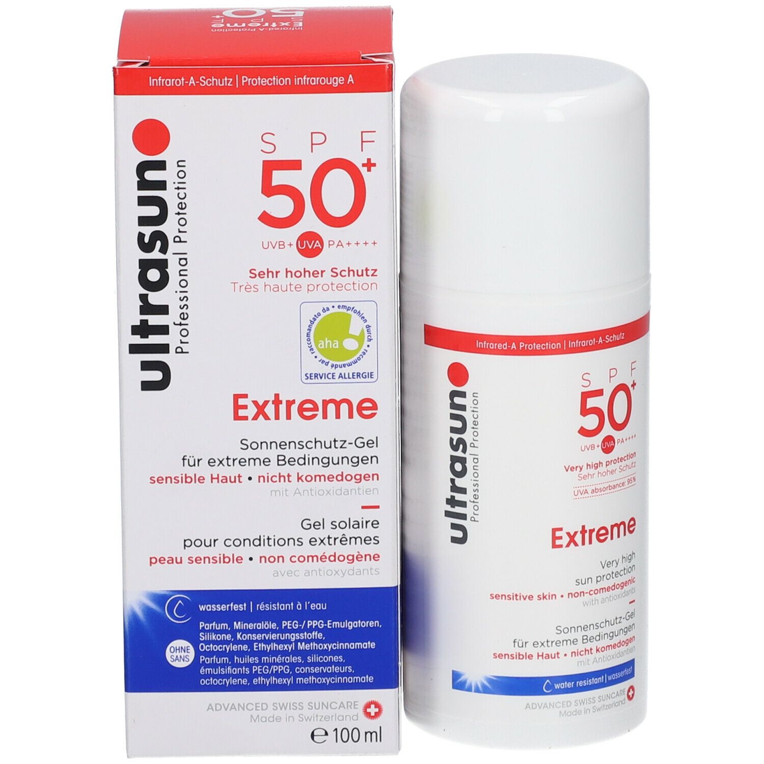 Flacon blanc et emballage avec texte rouge et noir. Inscription: ultrasun Extreme SPF 50+. 100 ml.
