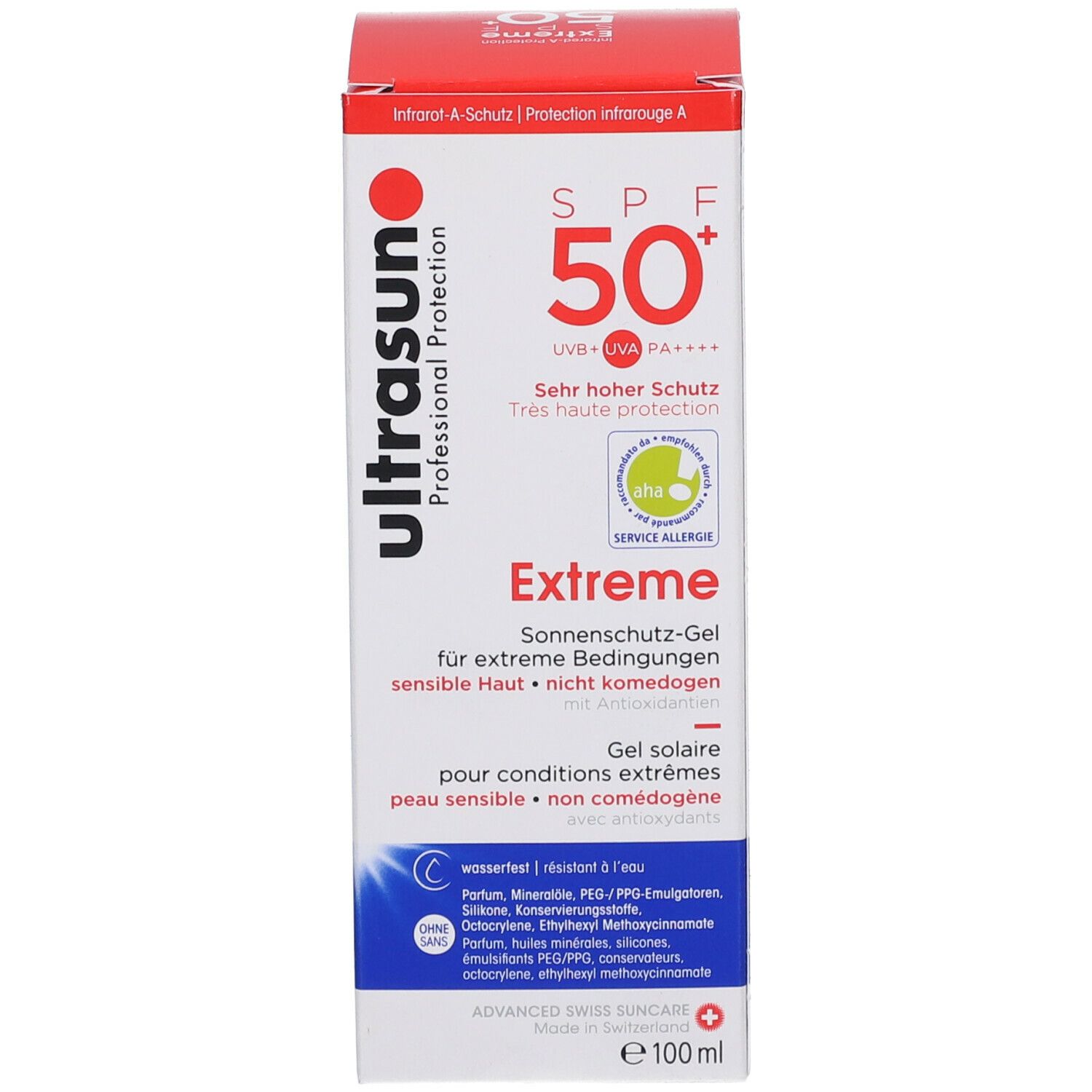 Flacon blanc et emballage avec texte rouge et noir. Inscription: ultrasun Extreme SPF 50+. 100 ml.