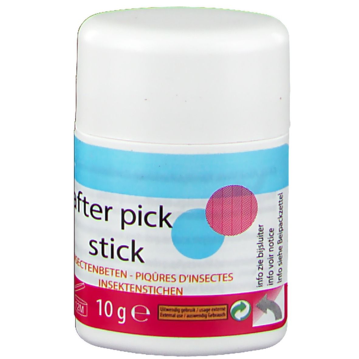 Weißer Stick mit blau-roter Grafik und Aufschrift 'after pick. stick'. Text: Insektenbeten, Piqures, Insektenstichen, 10g e.