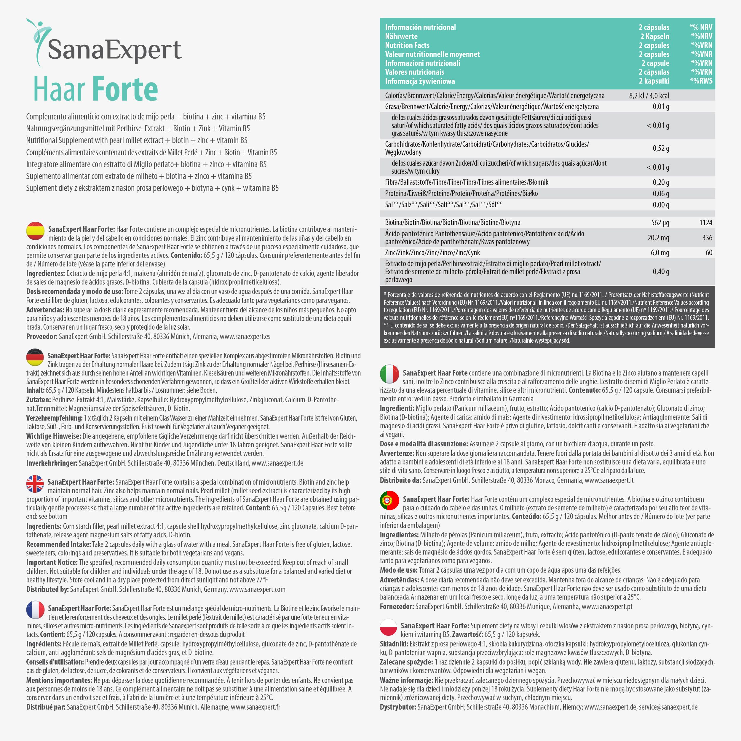 Informationsblatt für SanaExpert Haar Forte Kapseln mit Nährwertangaben und Anwendungshinweisen.