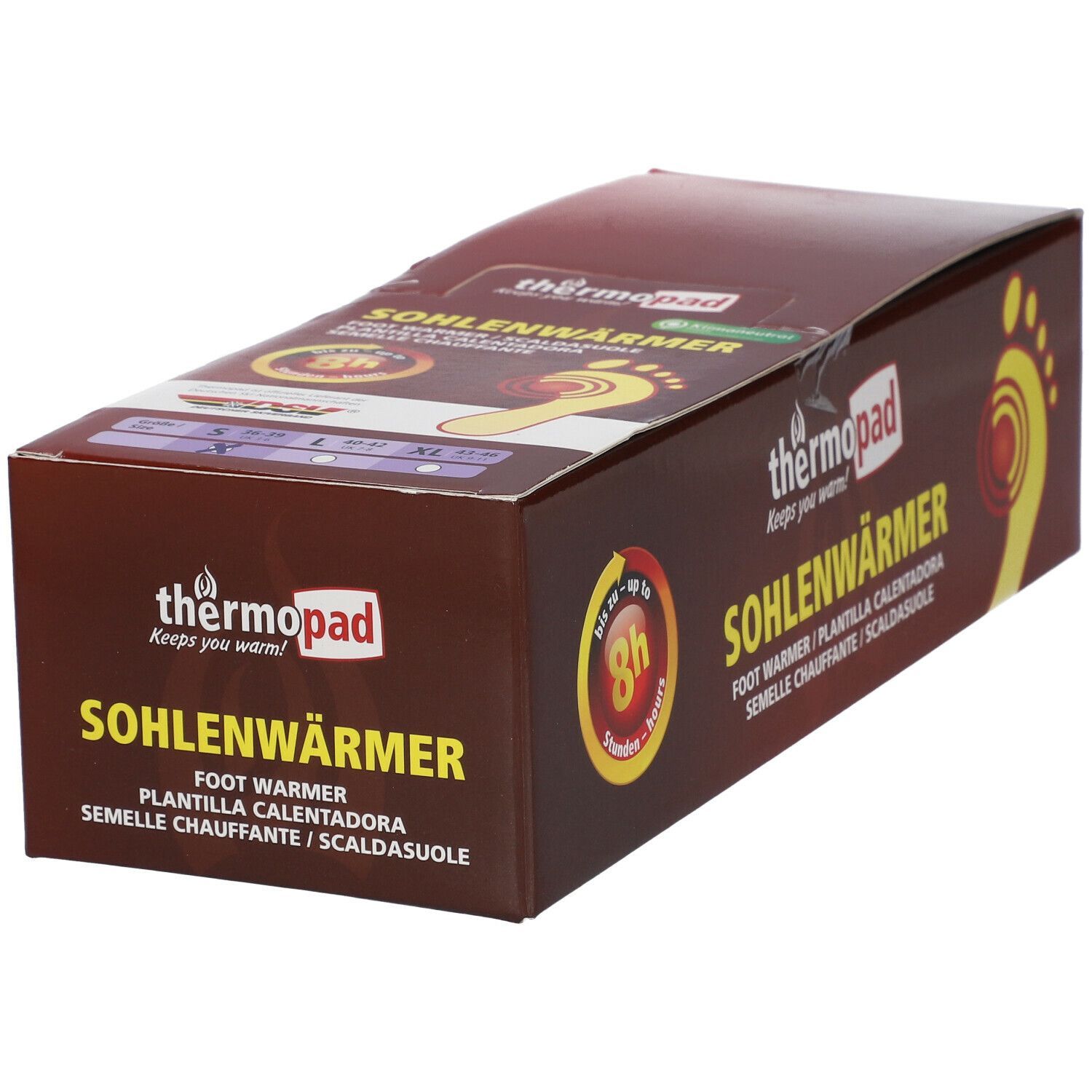 Braune Verpackung mit thermopad® Sohlenwärmer. Aufdruck: Sohlenwärmer, Größenangaben, 8h Wärme. Logo und Produktbezeichnung.