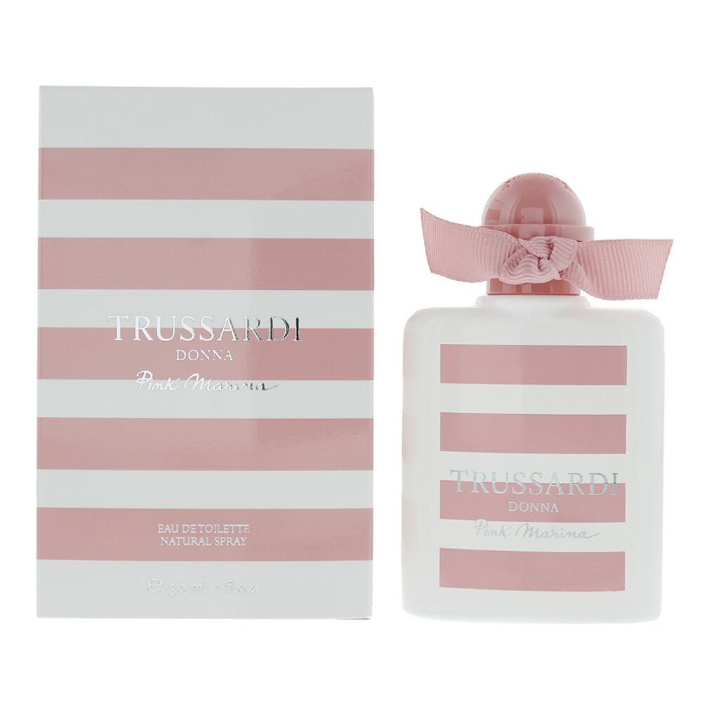 Trussardi Donna Pink Marina Eau de Toilette Flakon und Verpackung, beide mit rosa und weißen Streifen.