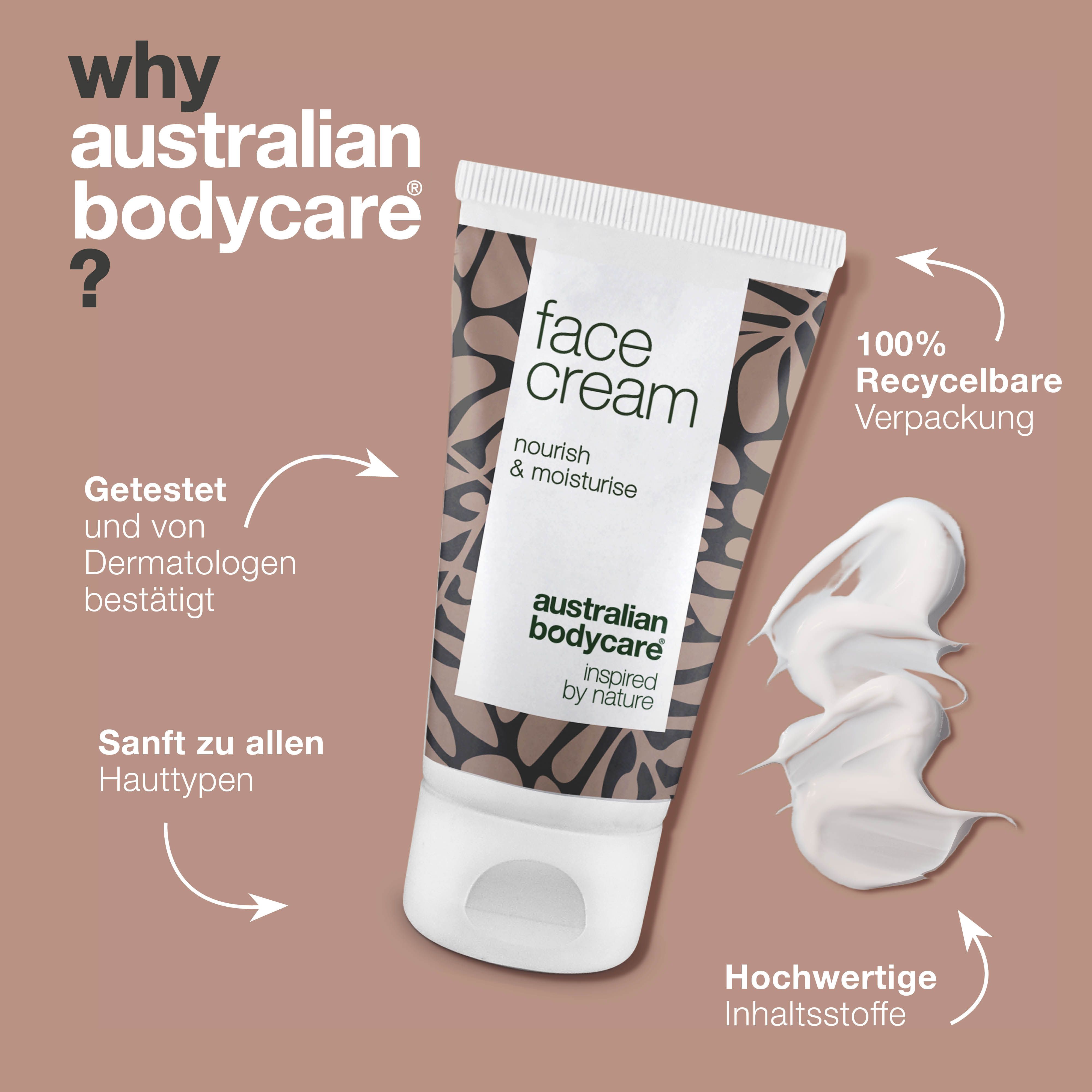 Tube Face Cream. Aufschrift: Australian Bodycare. Text: Warum Australian Bodycare? Produktvorteile.