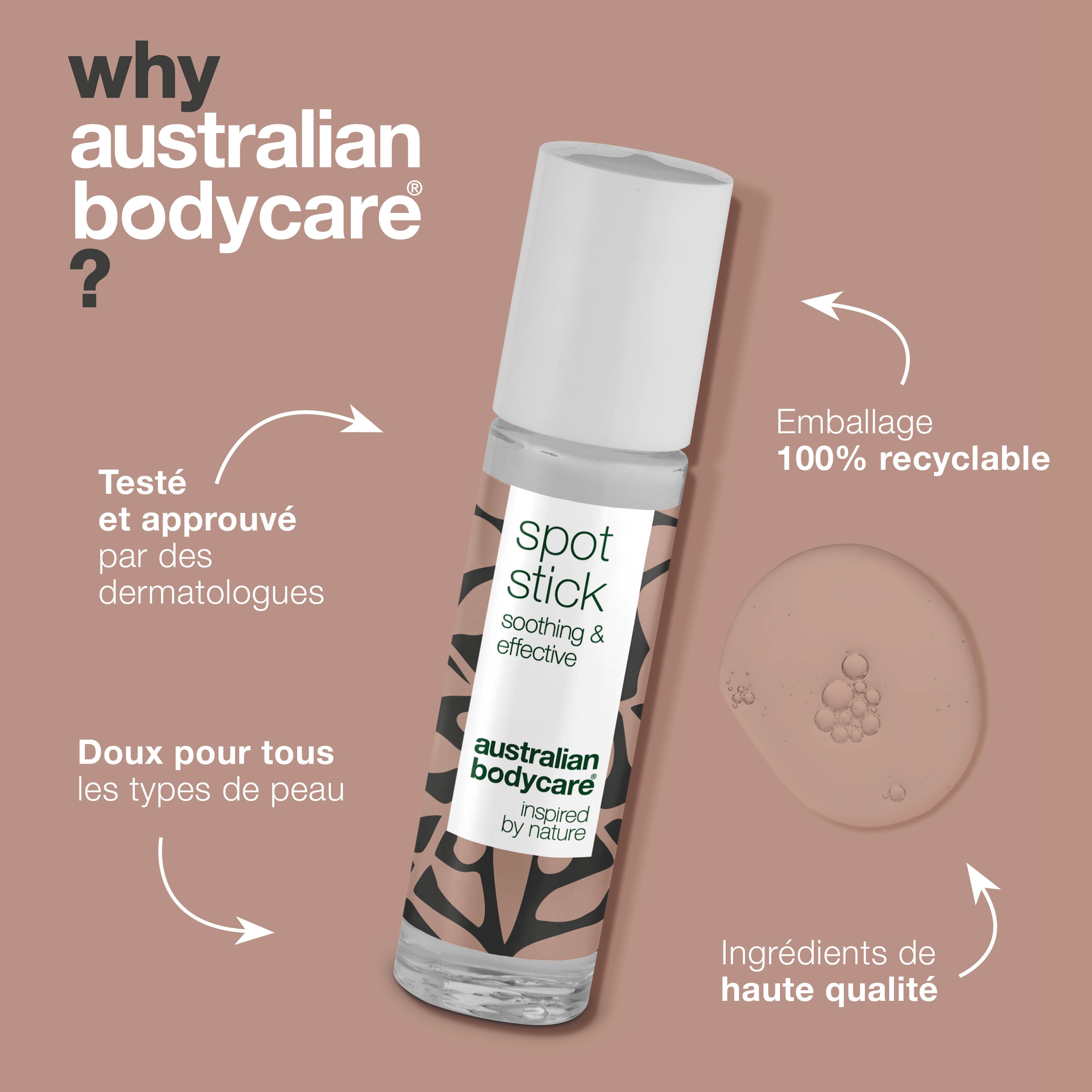Roll-on avec bouchon blanc. Inscription : Spot Stick, soothing & effective, Australian Bodycare.