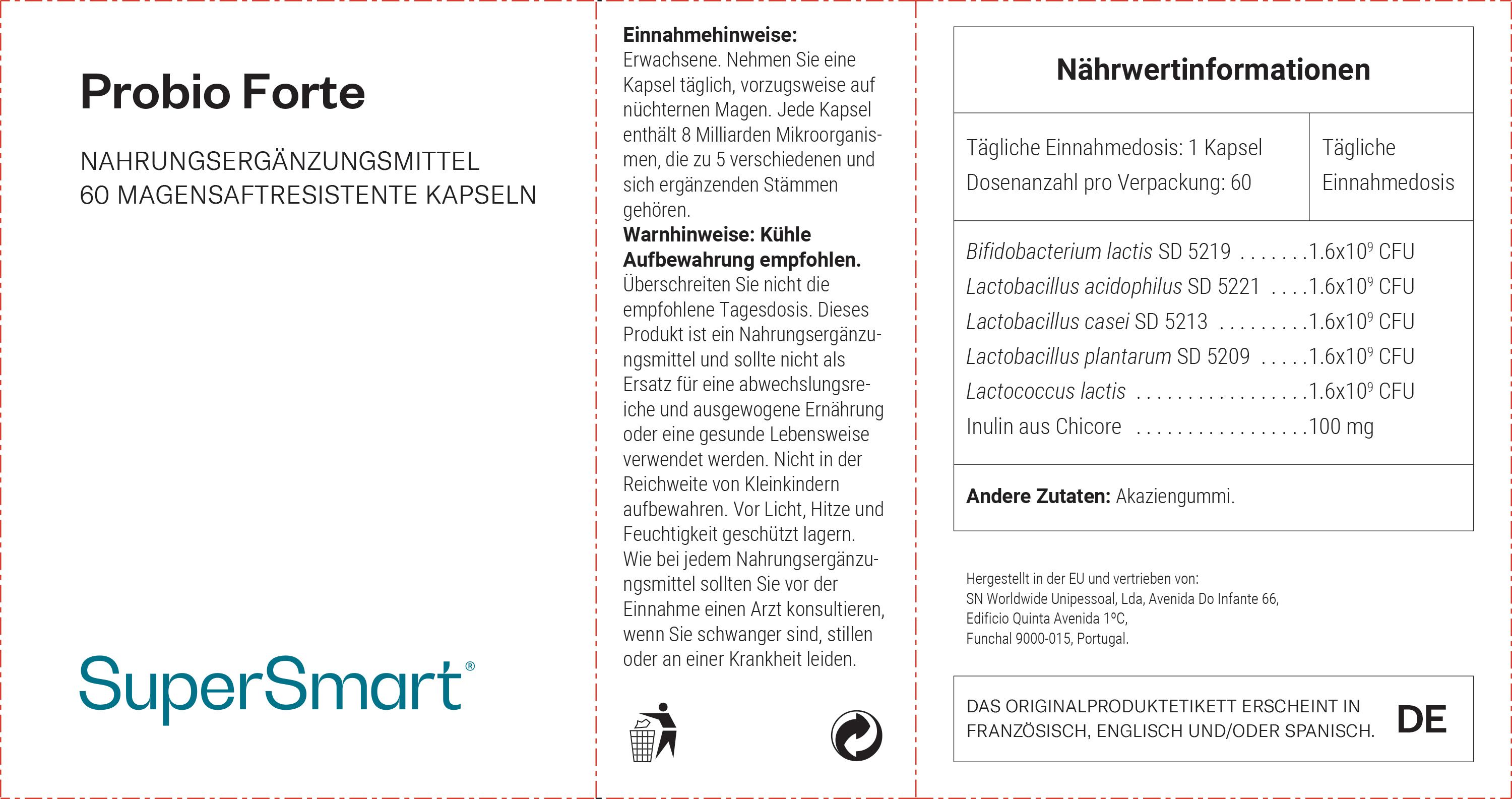 Faltblatt mit "Probio Forte" und "SuperSmart" Schriftzug. Enthält Informationen zu Inhaltsstoffen und Anwendung.
