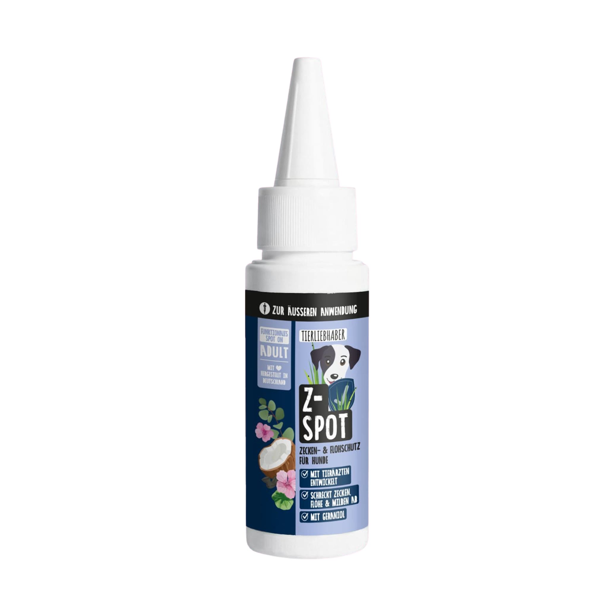 Weiße Flasche mit blauer Aufschrift. Aufschrift: Z-Spot. Für Hunde. Mit Kokos, Geranie.