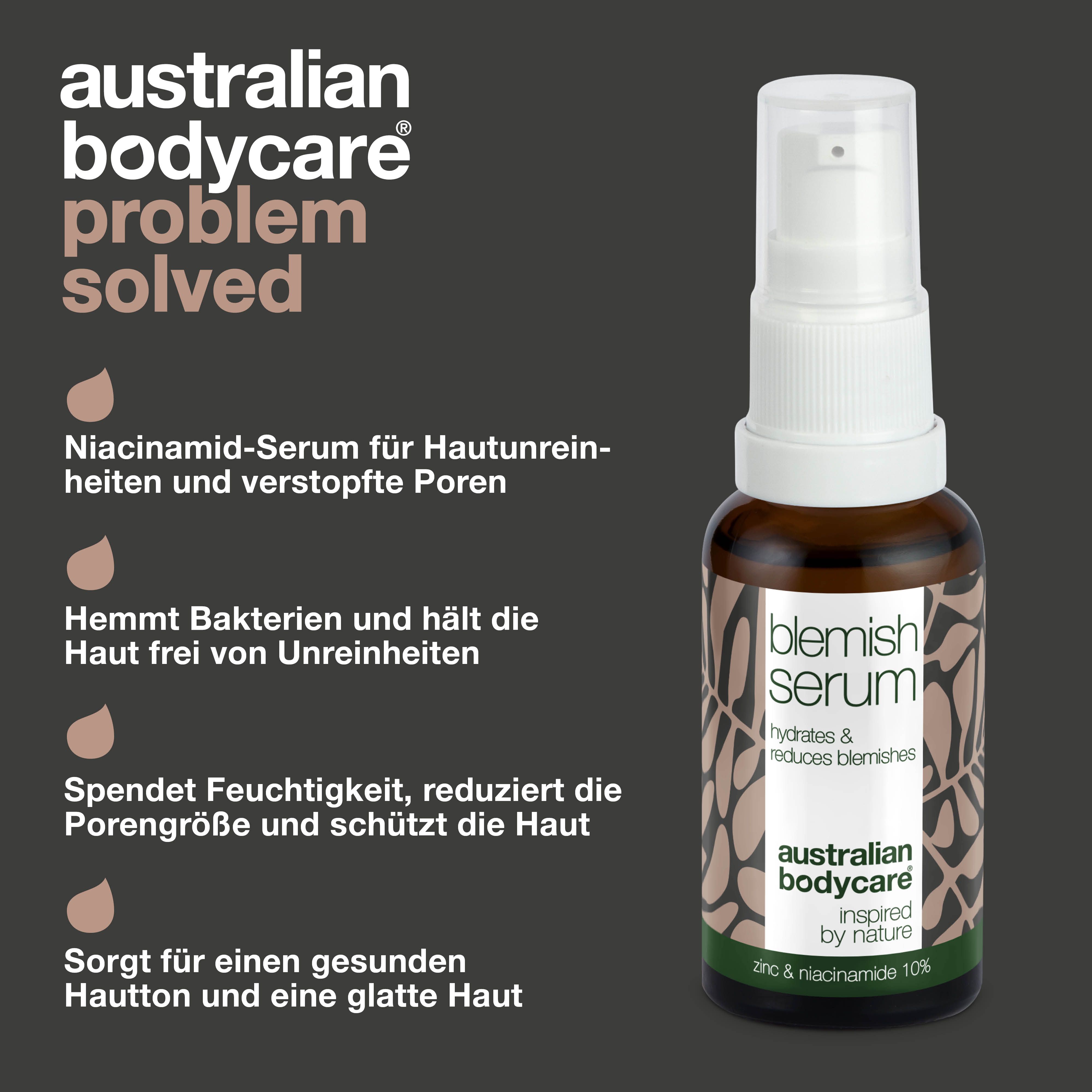 Flasche Blemish Serum mit Text. Aufschrift: Blemish Serum, hydratisiert & reduziert Unreinheiten. Marke: Australian Bodycare.