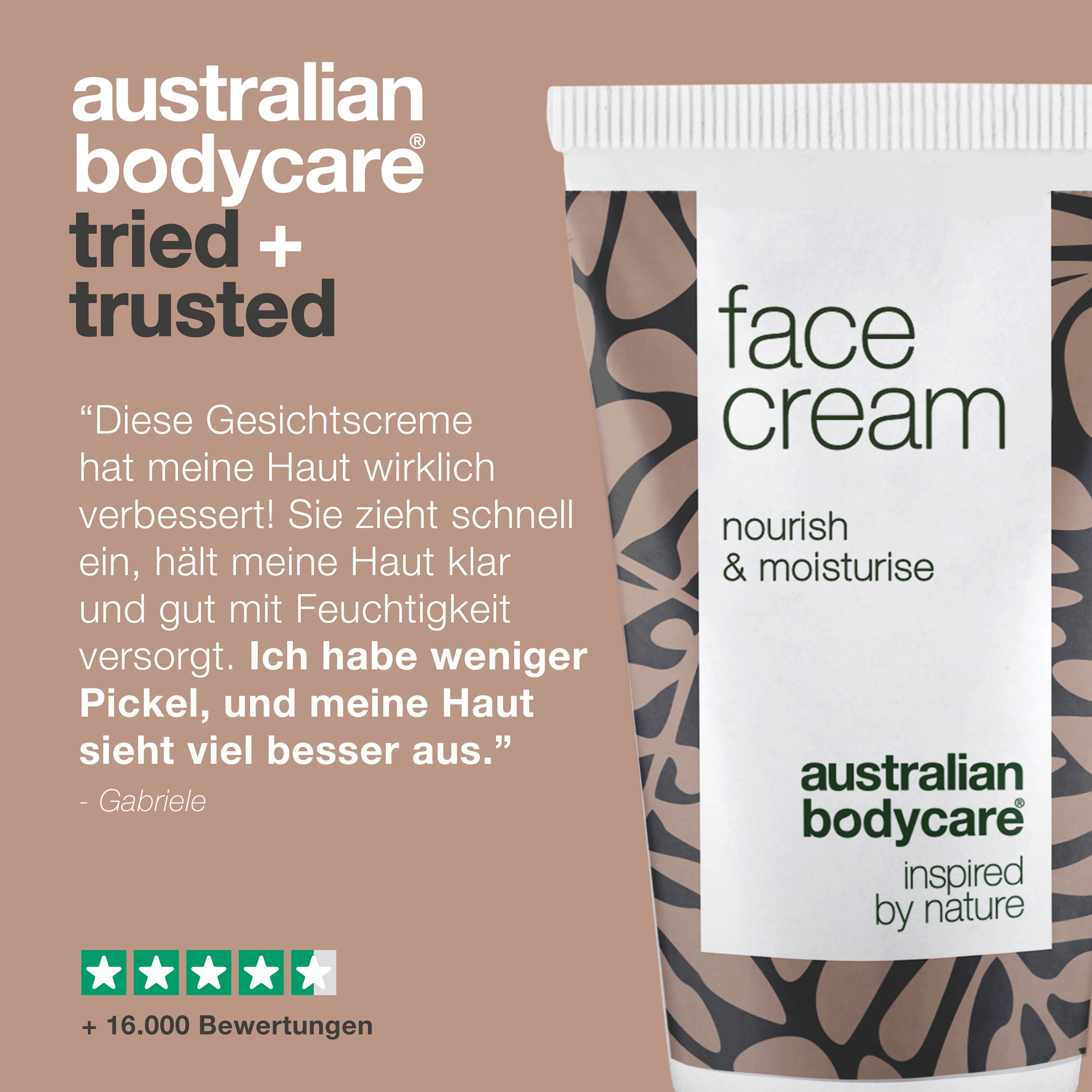 Tube Face Cream. Aufschrift: Australian Bodycare. Text: Getestet und bewährt. Kundenbewertungen.
