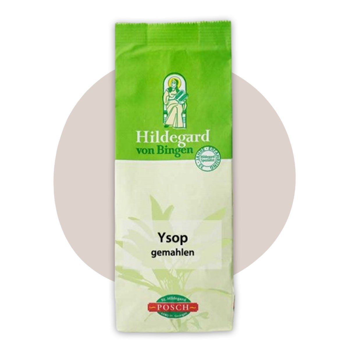 Grüne Verpackung mit Text: Hildegard von Bingen, Ysop gemahlen. Logo mit Frau und Siegel. Marke POSCH.