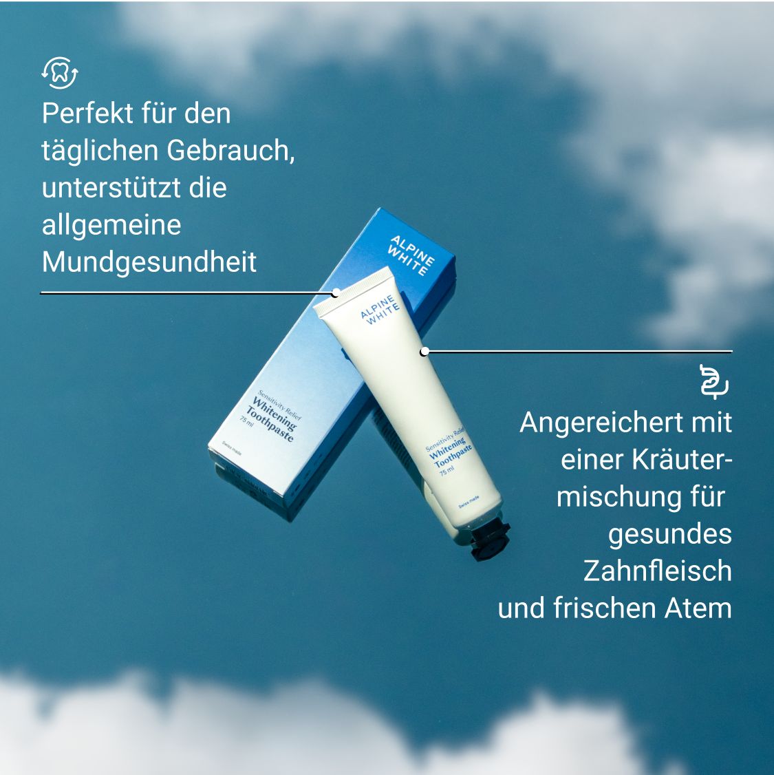 Zahnpasta-Tube und Schachtel. Text: ALPINE WHITE Whitening Toothpaste. Angereichert mit Kräutermischung für gesundes Zahnfleisch.