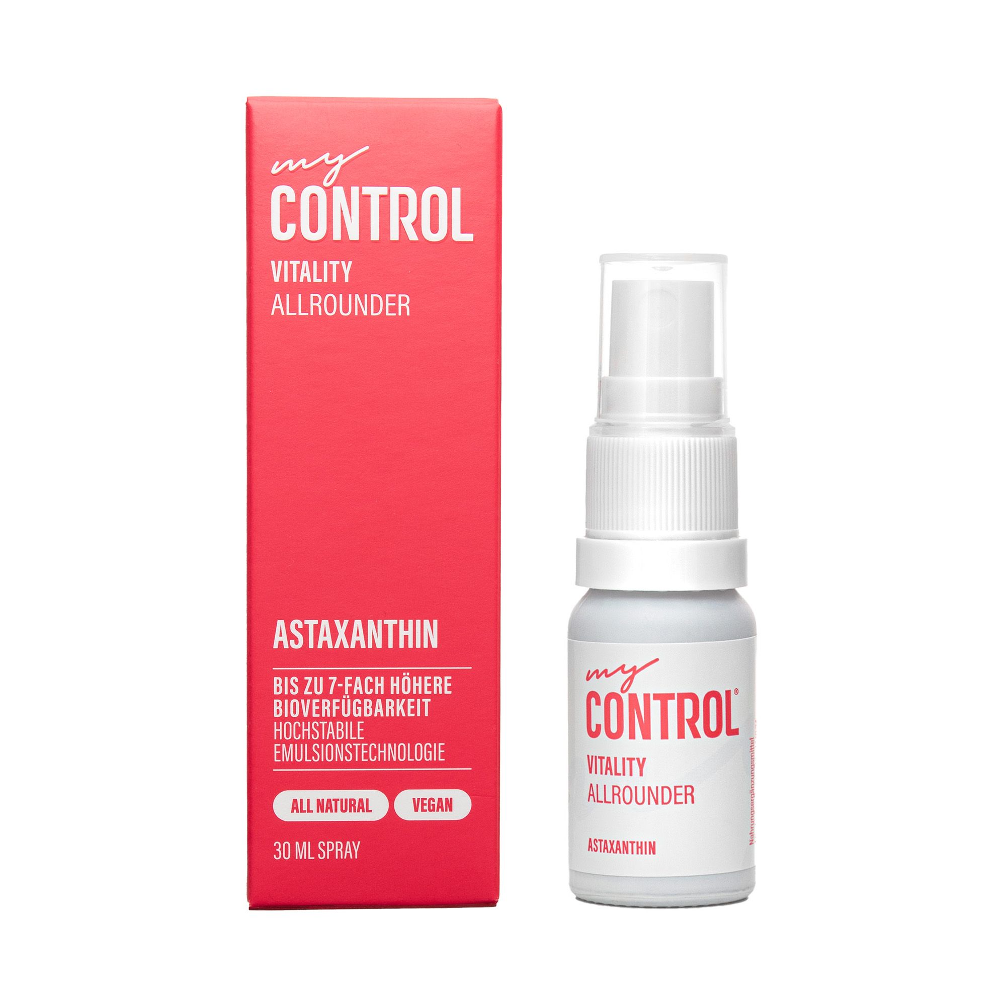 Produktflasche und Verpackung. my Control® Vitality Allrounder Astaxanthin Spray, 30 ml.