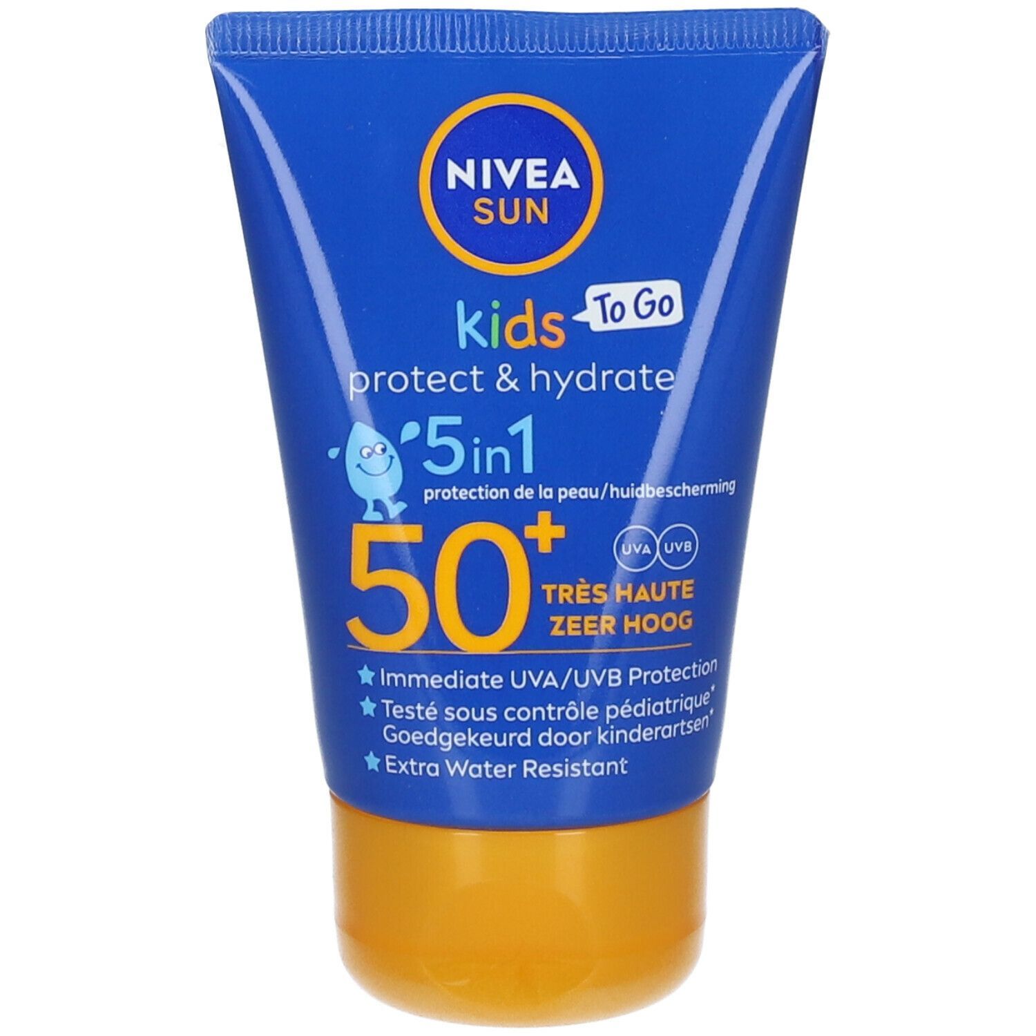 Tube bleu et jaune NIVEA Sun Kids To Go SPF50+. Texte: protect & hydrate, 5 en 1, protection UVA/UVB, résistant à l'eau.